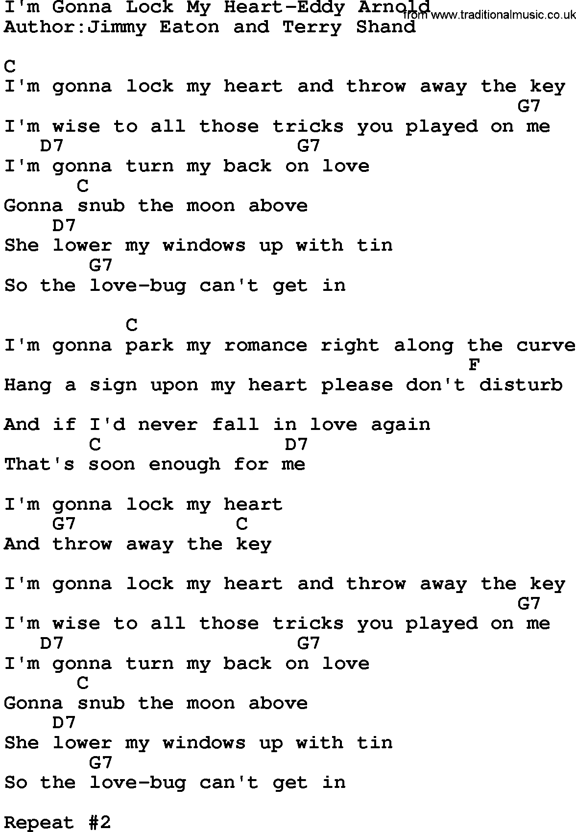 Country music song: I'm Gonna Lock My Heart-Eddy Arnold lyrics and chords