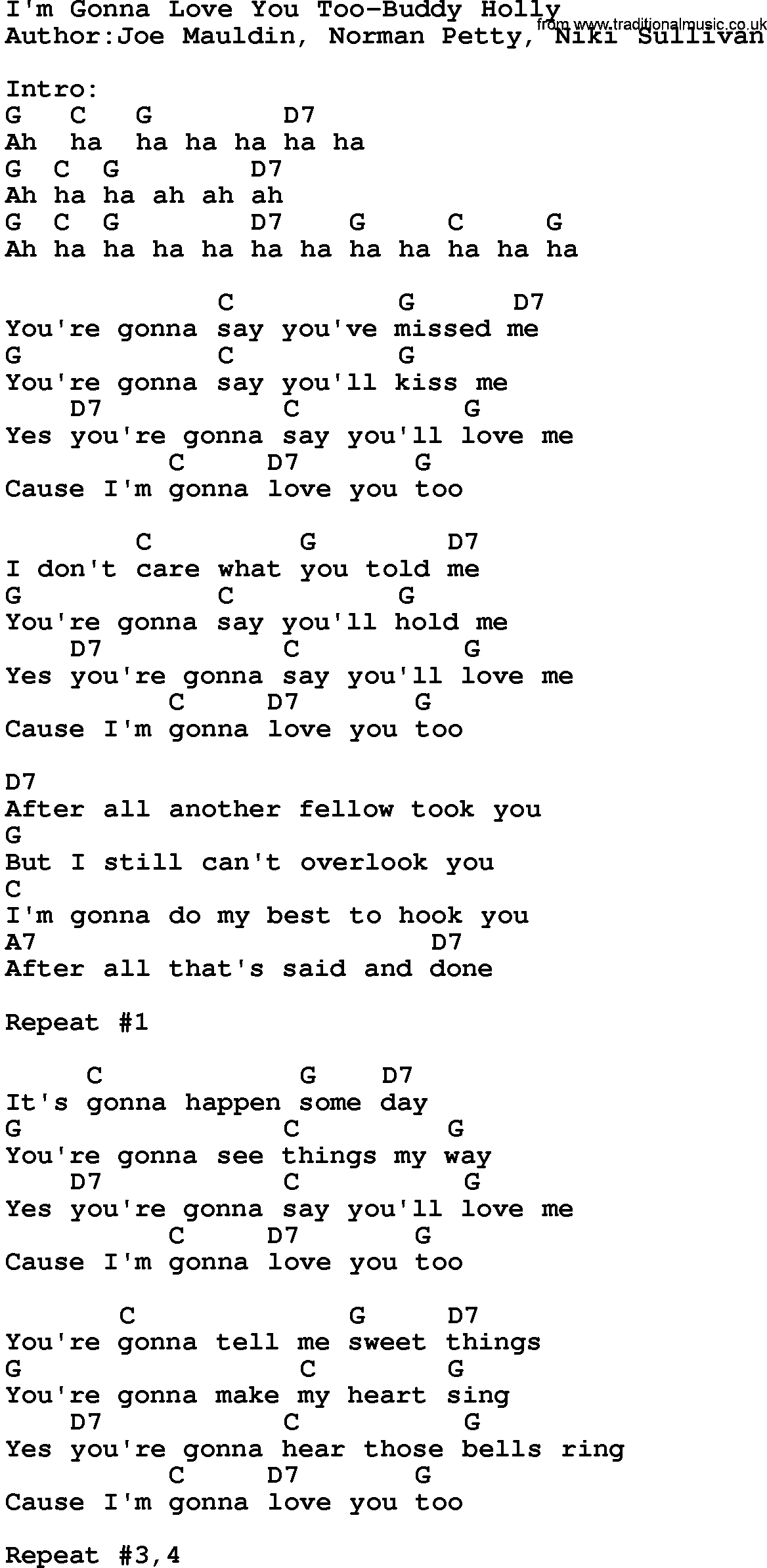 Country music song: I'm Gonna Love You Too-Buddy Holly lyrics and chords