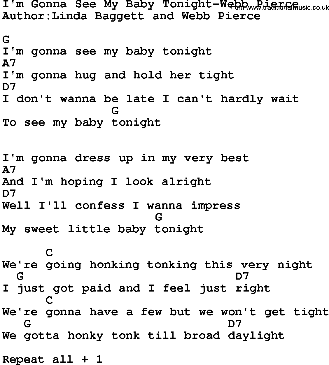 Country music song: I'm Gonna See My Baby Tonight-Webb Pierce lyrics and chords