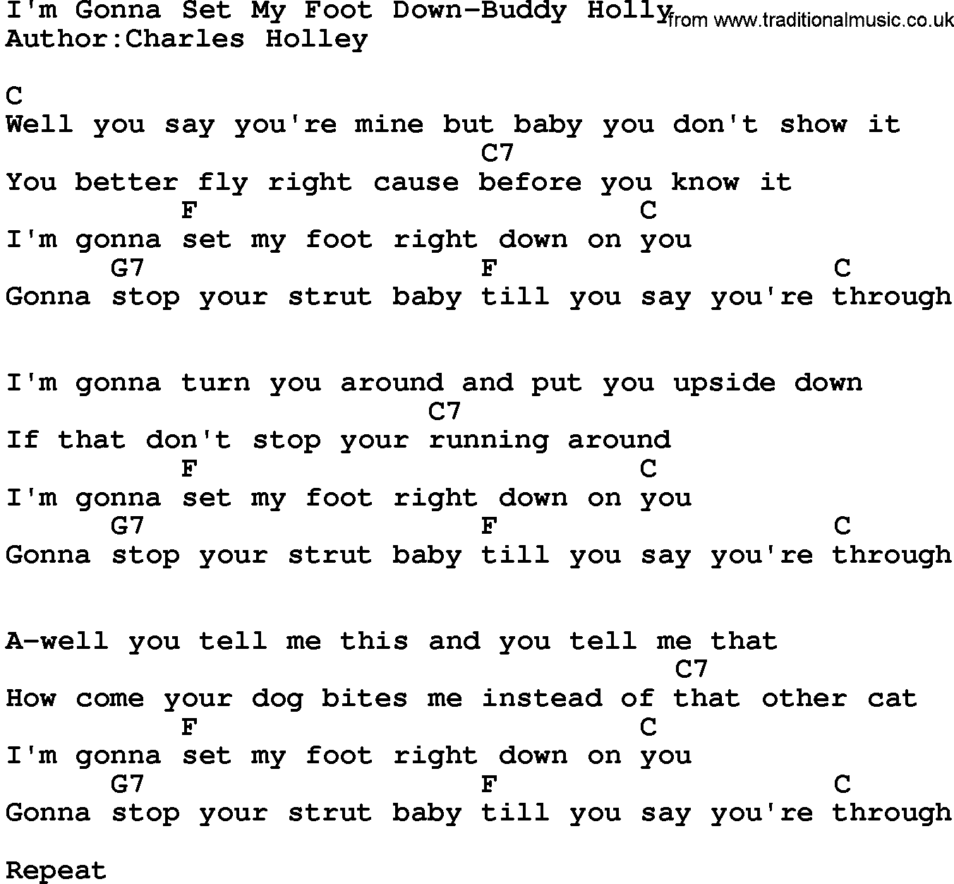 Country music song: I'm Gonna Set My Foot Down-Buddy Holly lyrics and chords