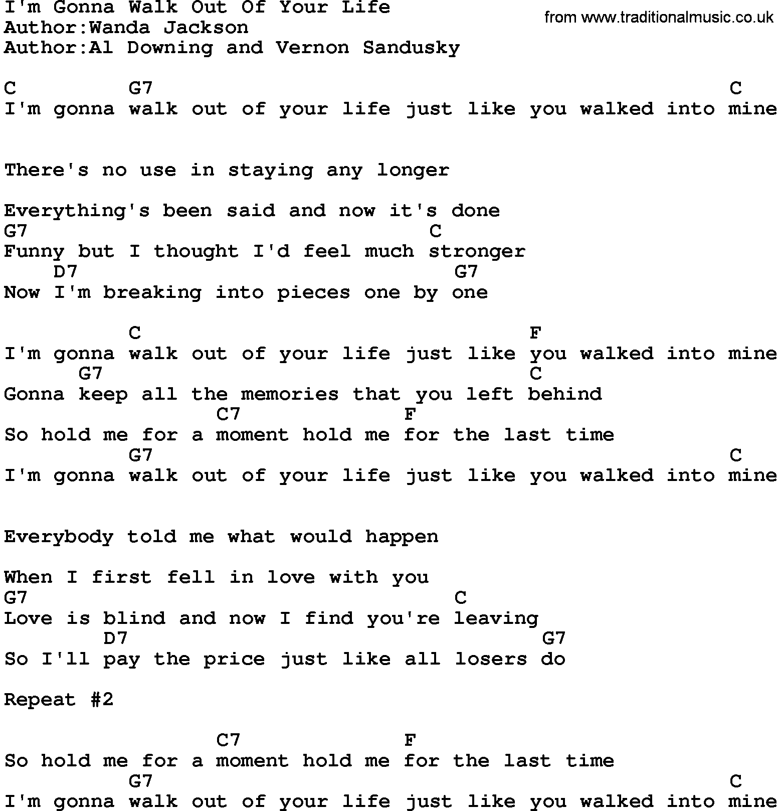 Country music song: I'm Gonna Walk Out Of Your Life lyrics and chords