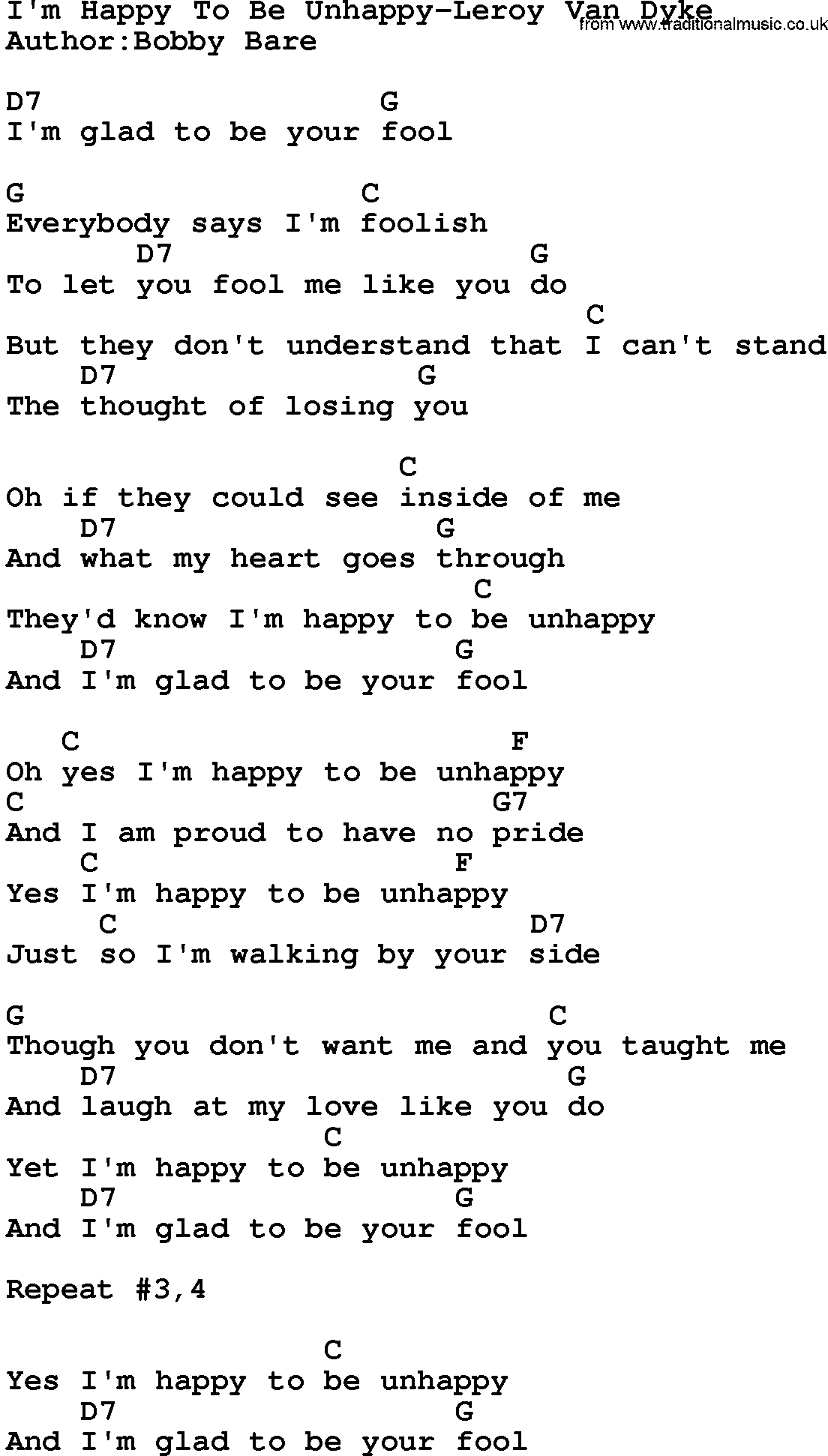 Country music song: I'm Happy To Be Unhappy-Leroy Van Dyke lyrics and chords