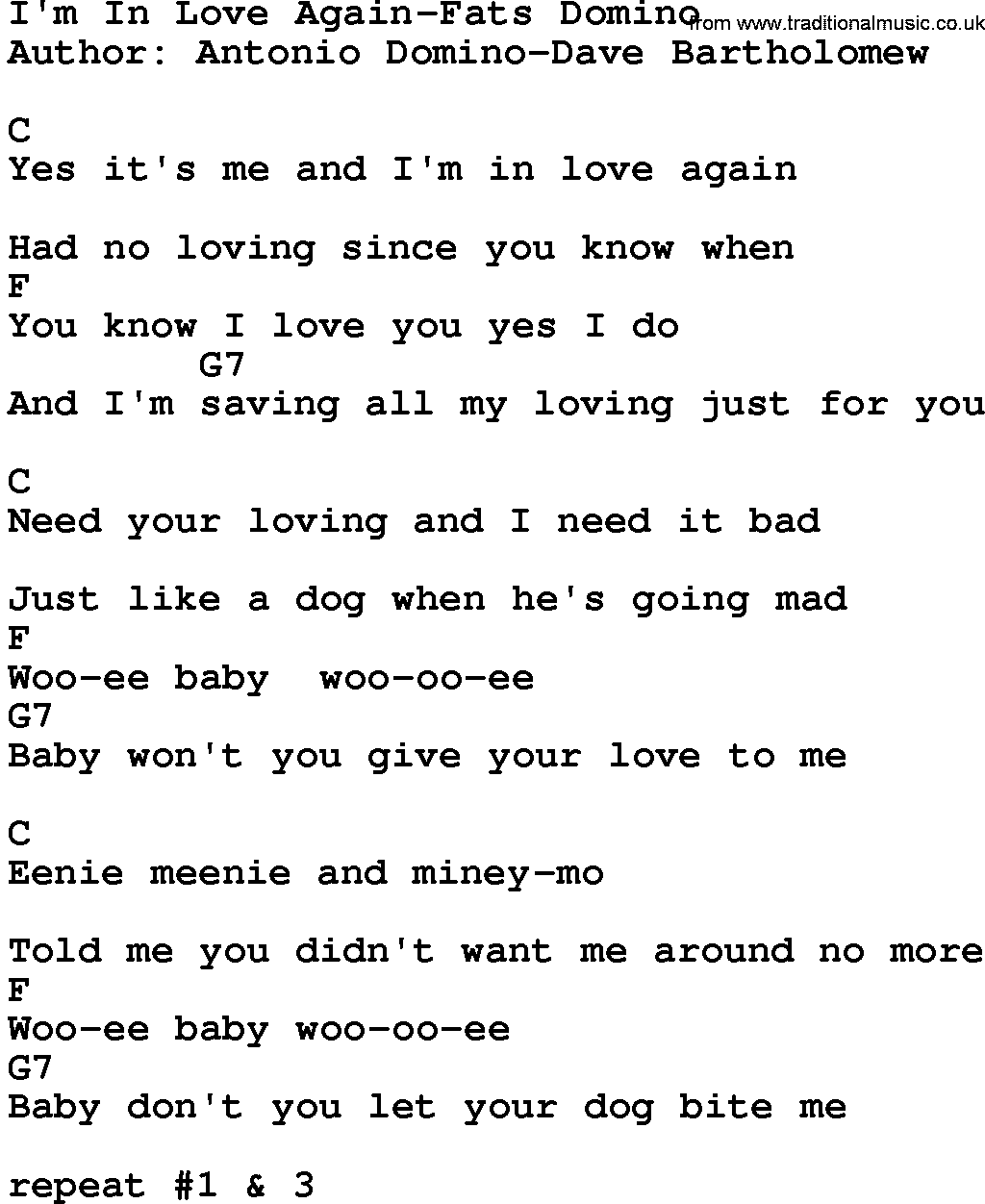 Country music song: I'm In Love Again-Fats Domino lyrics and chords