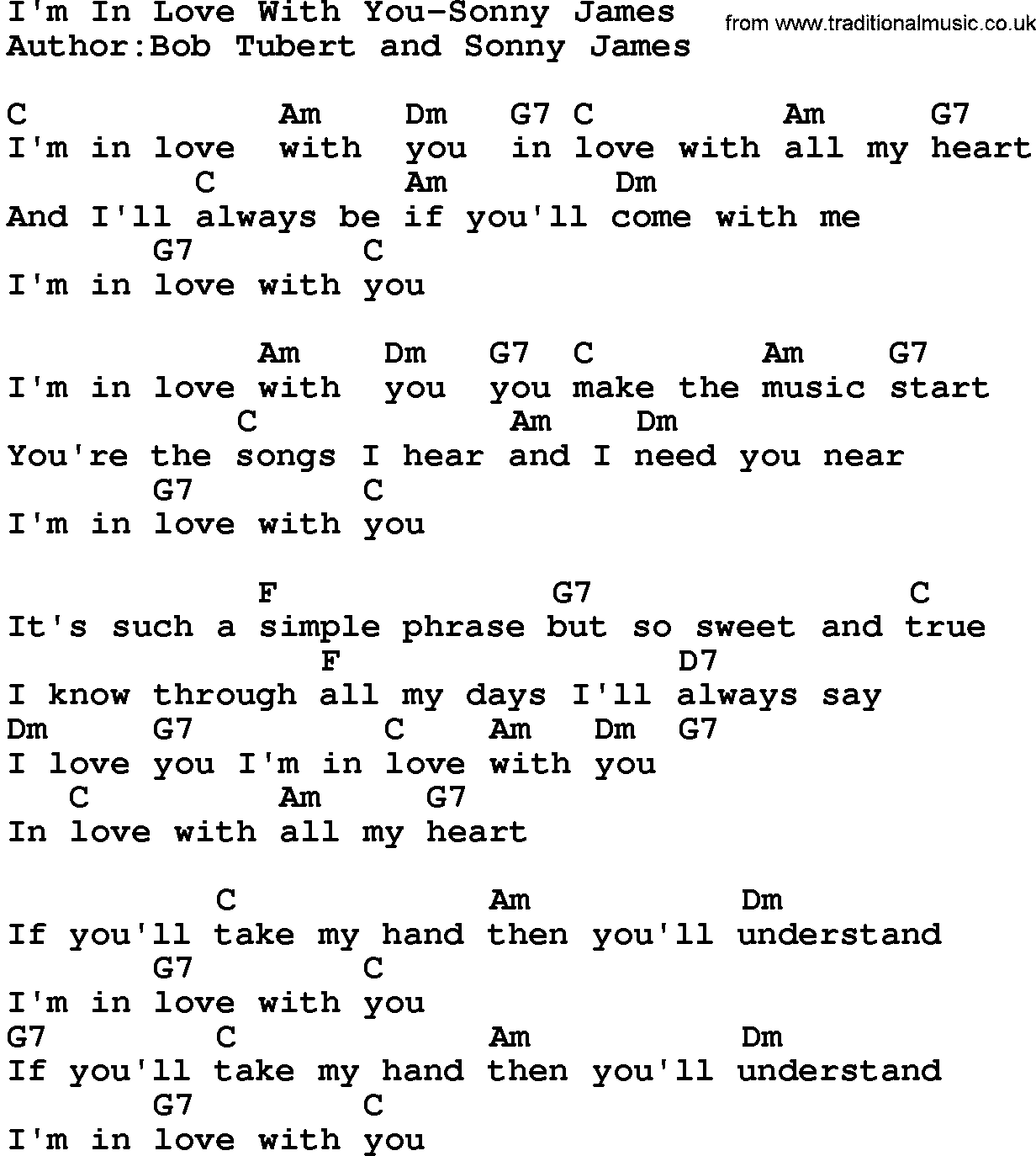 Country music song: I'm In Love With You-Sonny James lyrics and chords
