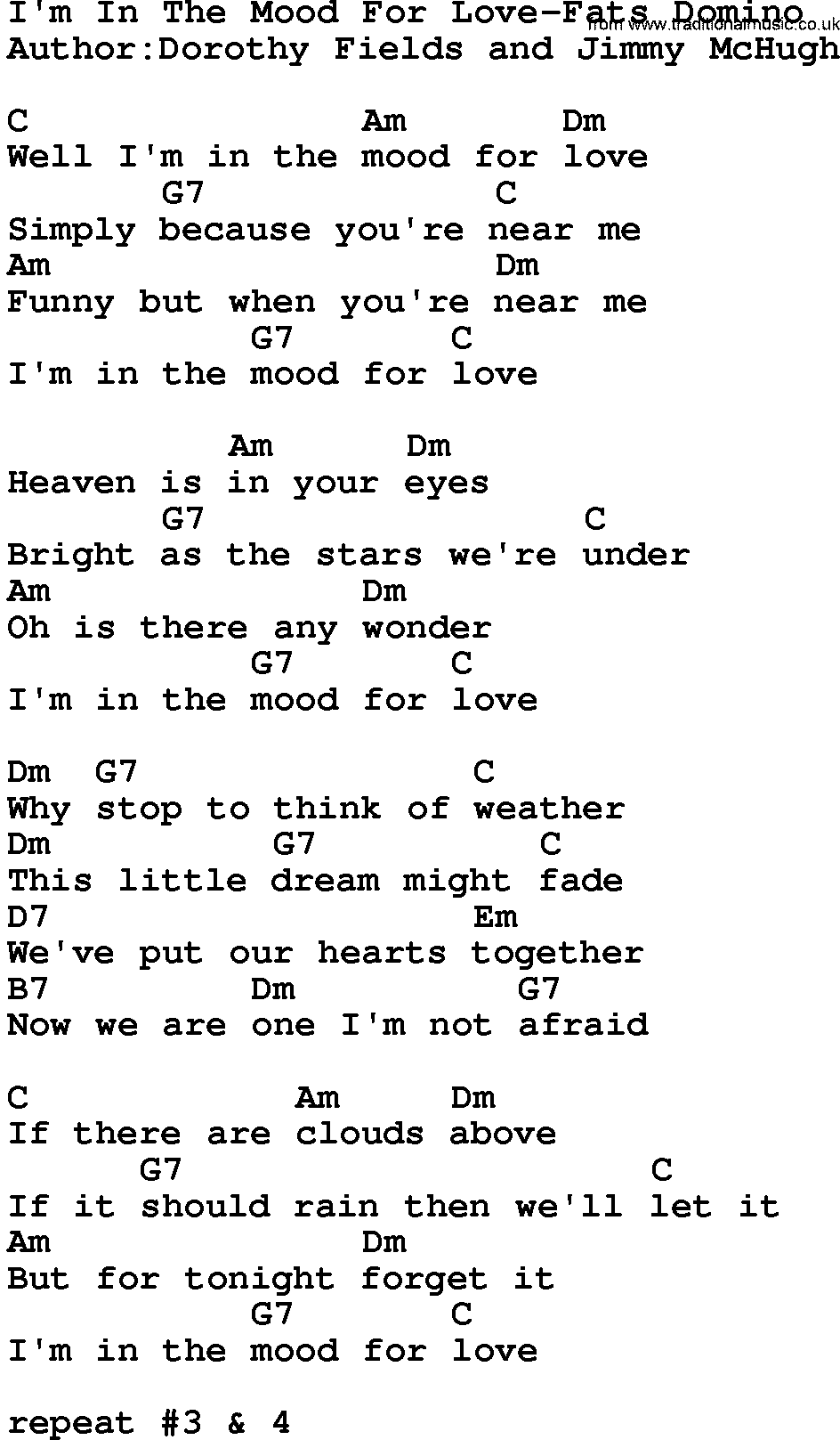 Country music song: I'm In The Mood For Love-Fats Domino lyrics and chords