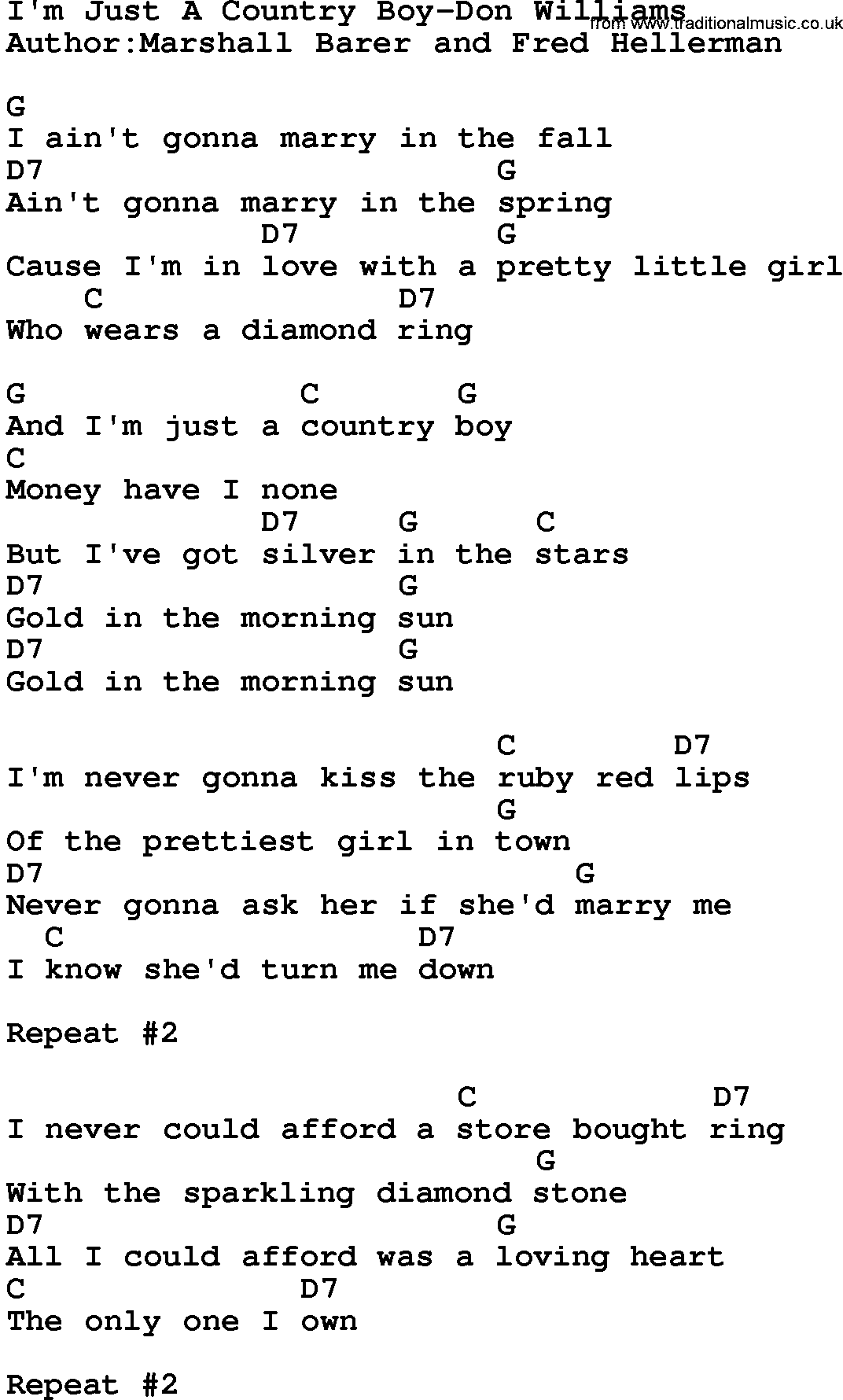 Country music song: I'm Just A Country Boy-Don Williams lyrics and chords