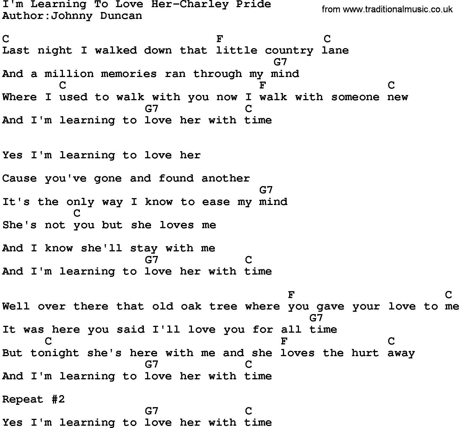 Country music song: I'm Learning To Love Her-Charley Pride lyrics and chords