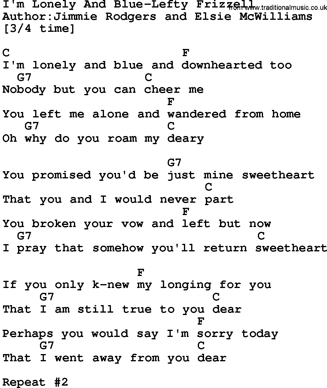 Country music song: I'm Lonely And Blue-Lefty Frizzell lyrics and chords