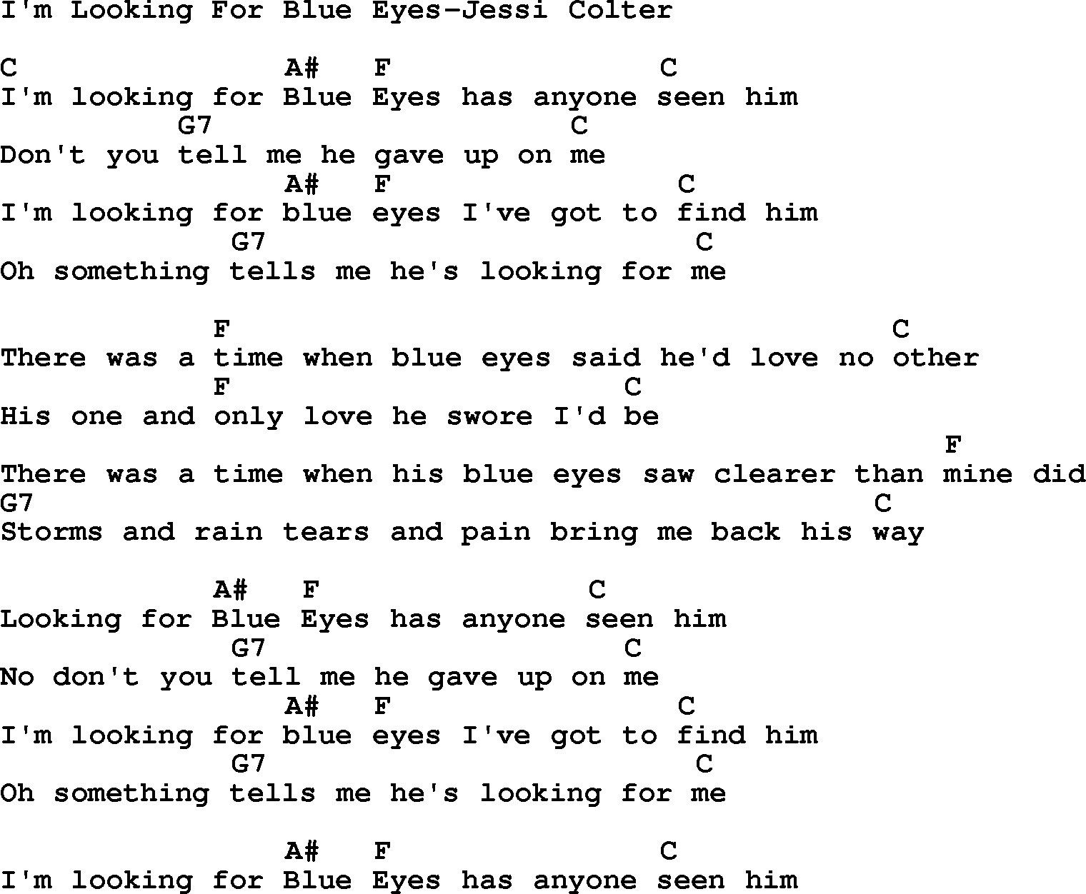 Country music song: I'm Looking For Blue Eyes-Jessi Colter lyrics and chords