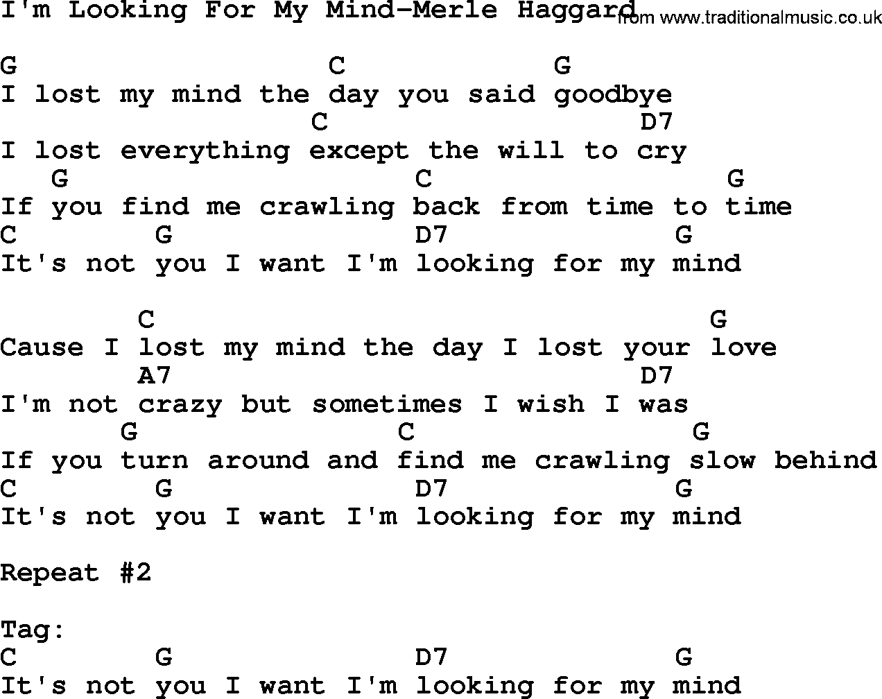 Country music song: I'm Looking For My Mind-Merle Haggard lyrics and chords
