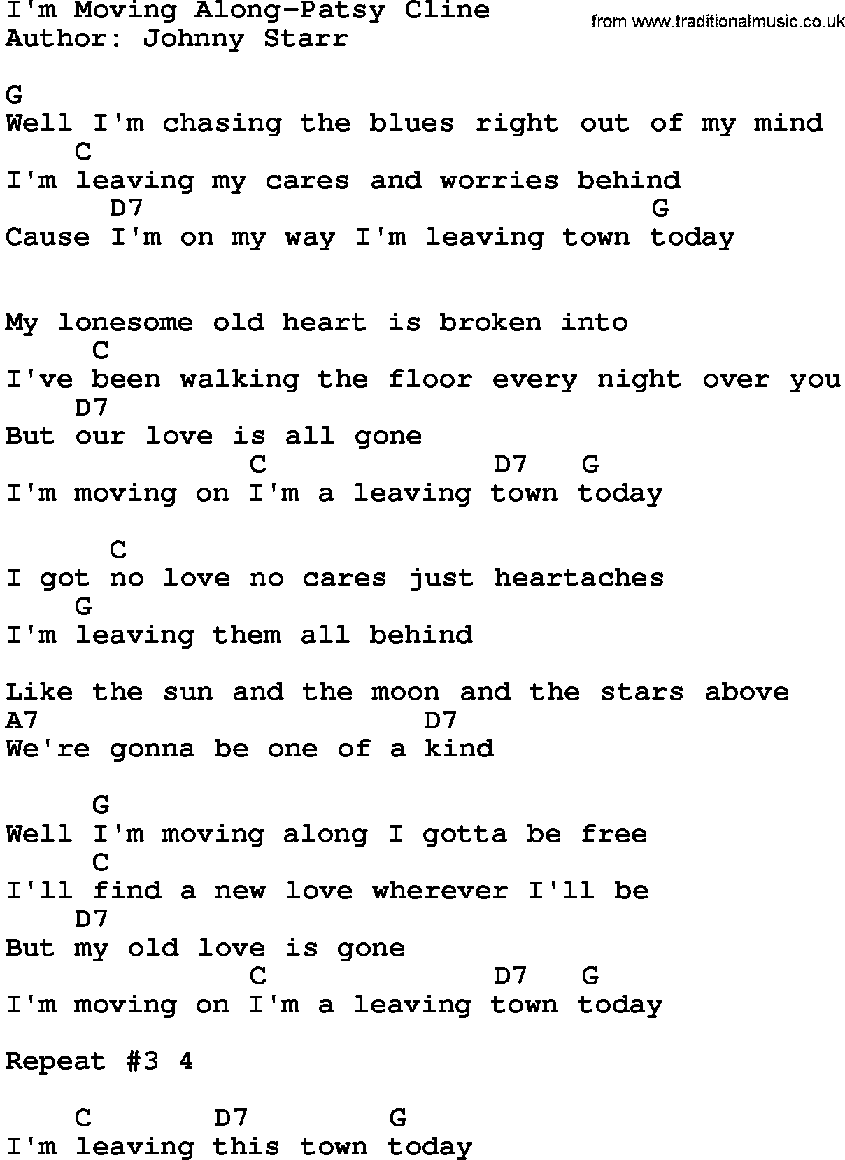 Country music song: I'm Moving Along-Patsy Cline lyrics and chords
