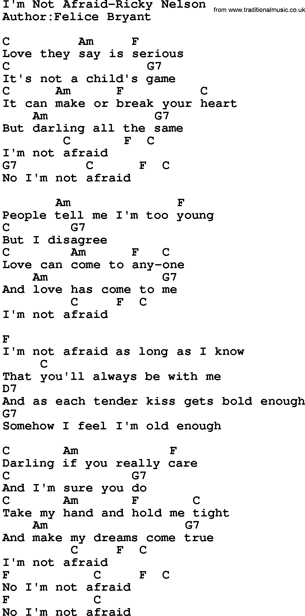 Country music song: I'm Not Afraid-Ricky Nelson lyrics and chords