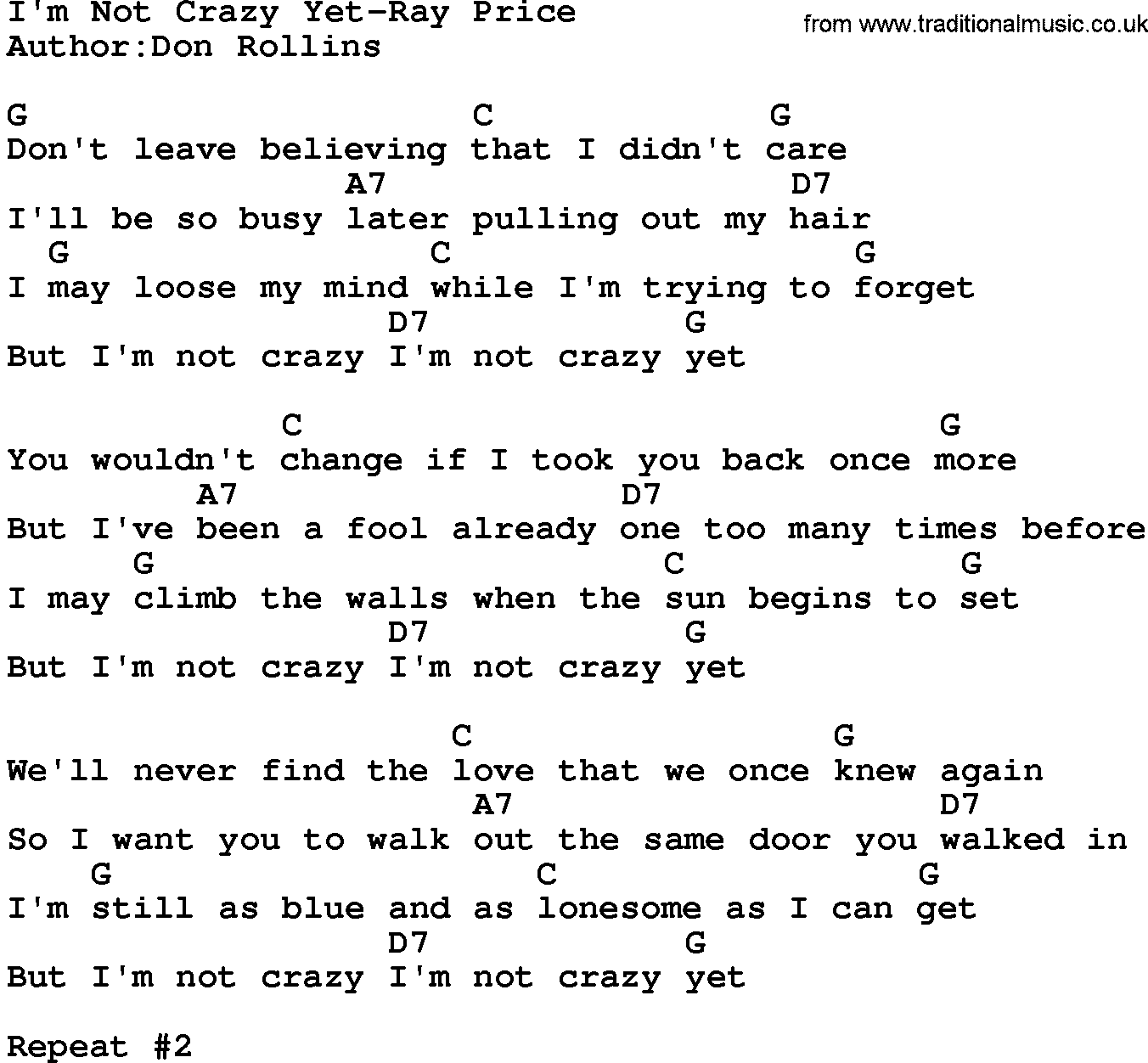 Country music song: I'm Not Crazy Yet-Ray Price lyrics and chords