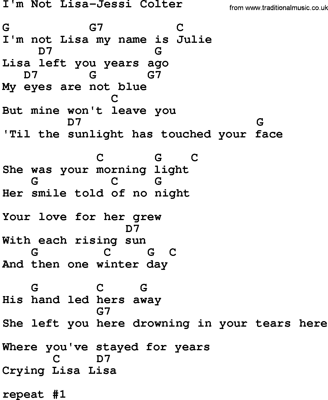 Country music song: I'm Not Lisa-Jessi Colter lyrics and chords