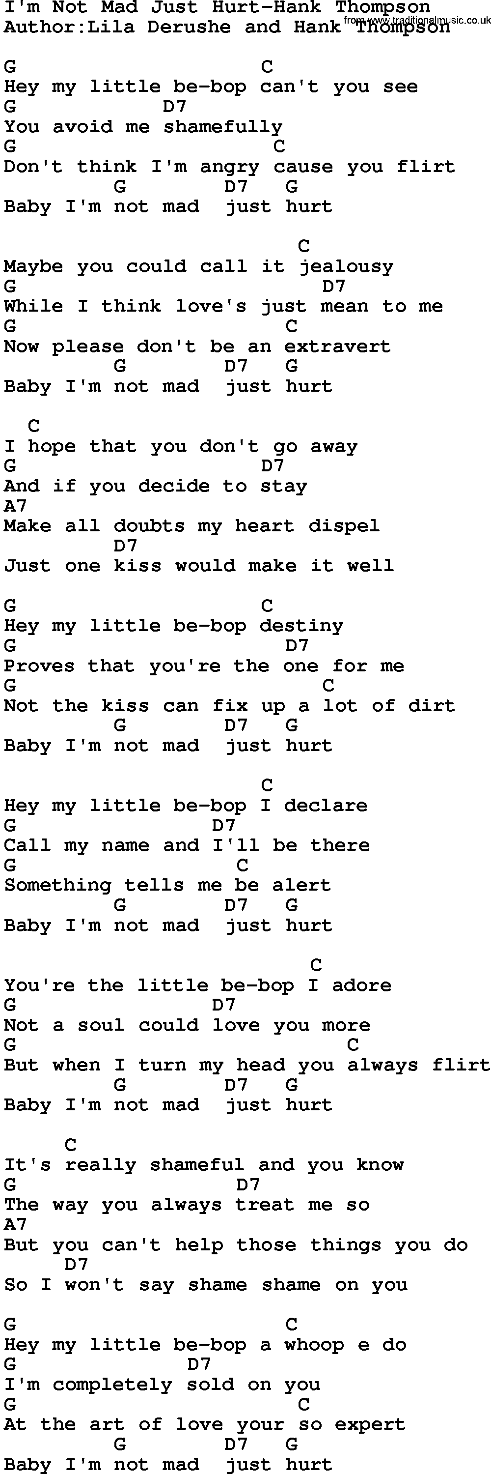 Country music song: I'm Not Mad Just Hurt-Hank Thompson lyrics and chords
