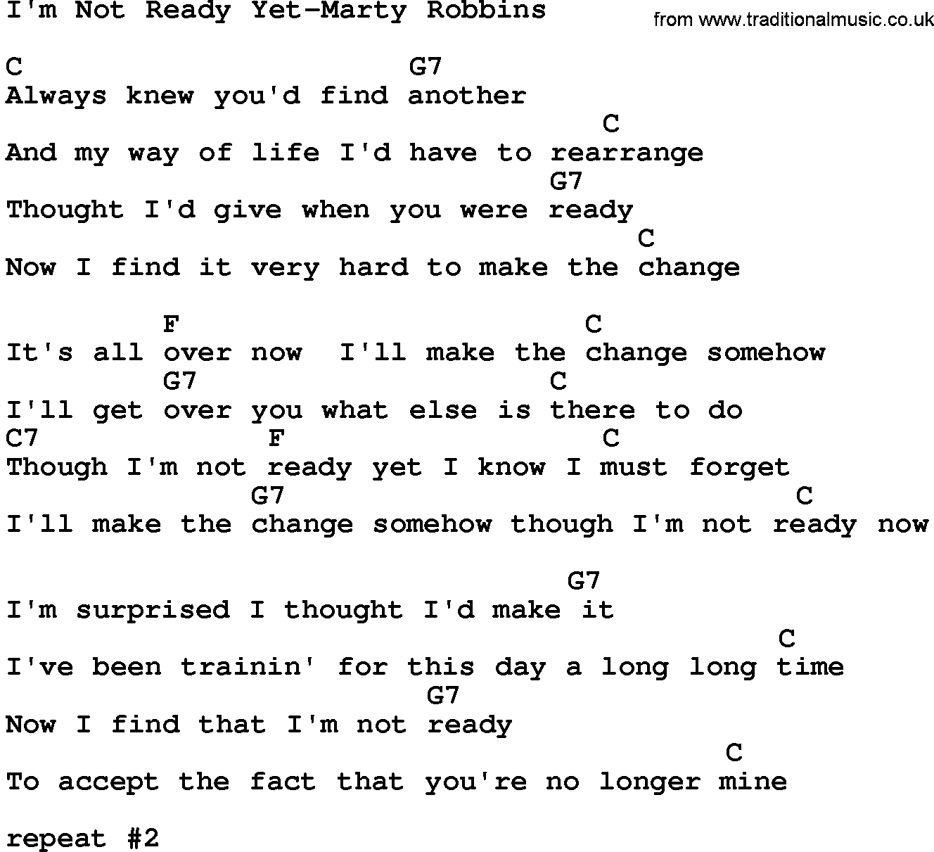 Country music song: I'm Not Ready Yet-Marty Robbins lyrics and chords