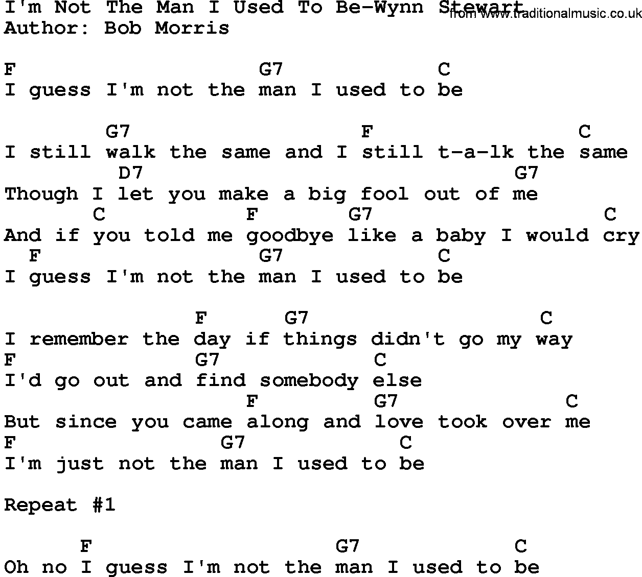 Country music song: I'm Not The Man I Used To Be-Wynn Stewart lyrics and chords