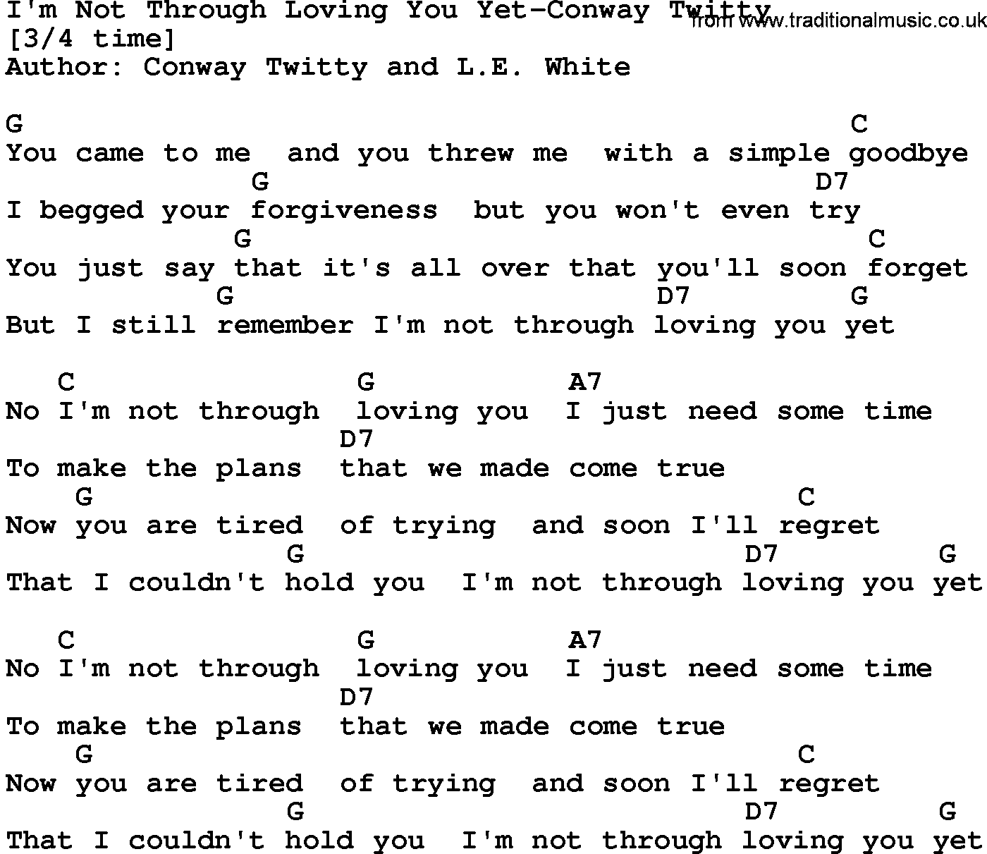 Country music song: I'm Not Through Loving You Yet-Conway Twitty lyrics and chords