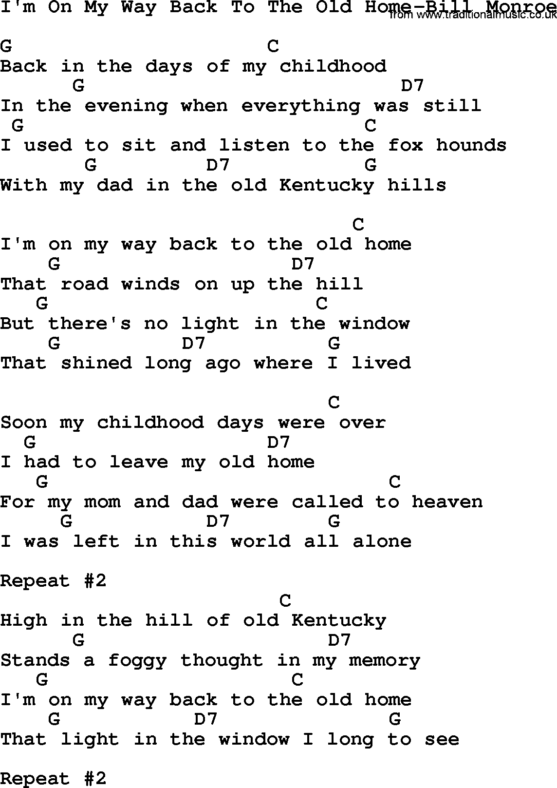 Country music song: I'm On My Way Back To The Old Home-Bill Monroe lyrics and chords