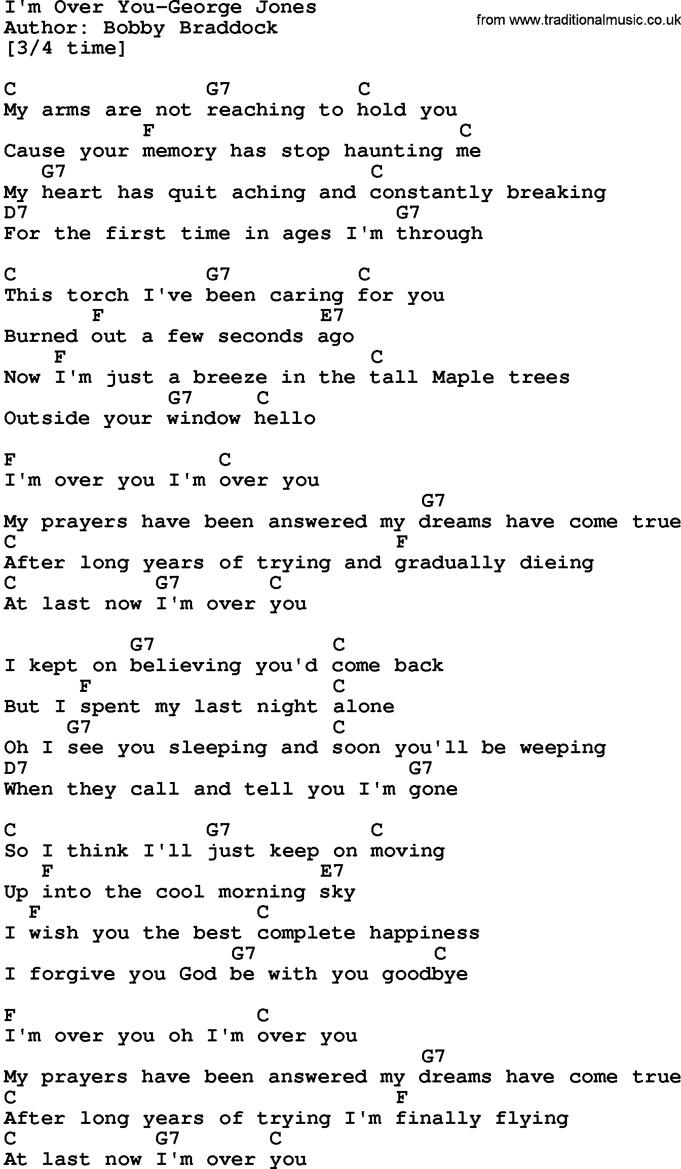 Country music song: I'm Over You-George Jones lyrics and chords