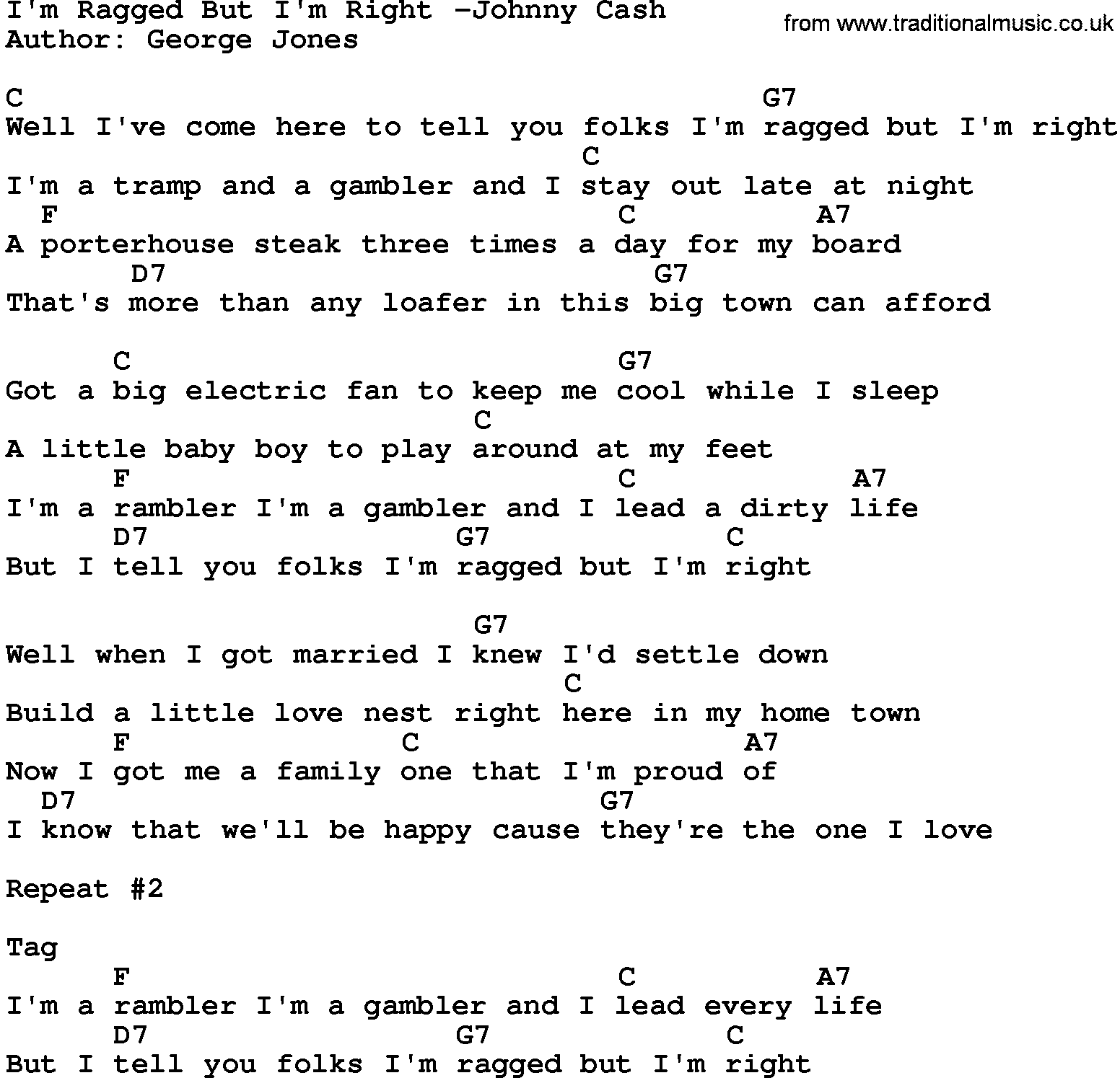 Country music song: I'm Ragged But I'm Right -Johnny Cash lyrics and chords