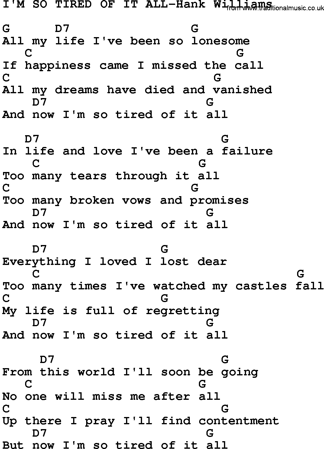 Country music song: I'm So Tired Of It All-Hank Williams lyrics and chords