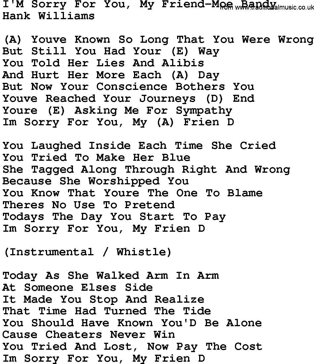 Country music song: I'm Sorry For You, My Friend-Moe Bandy lyrics and chords