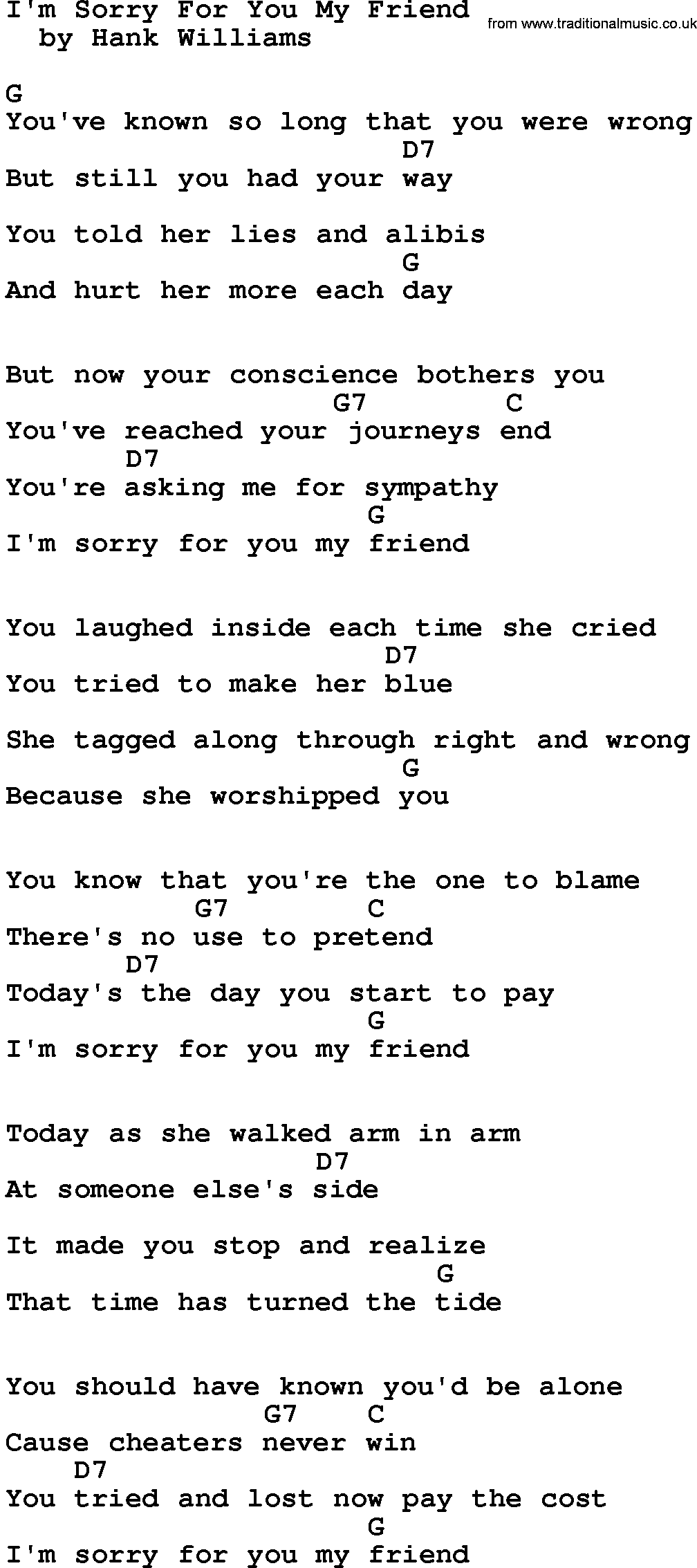 Country music song: I'm Sorry For You My Friend lyrics and chords