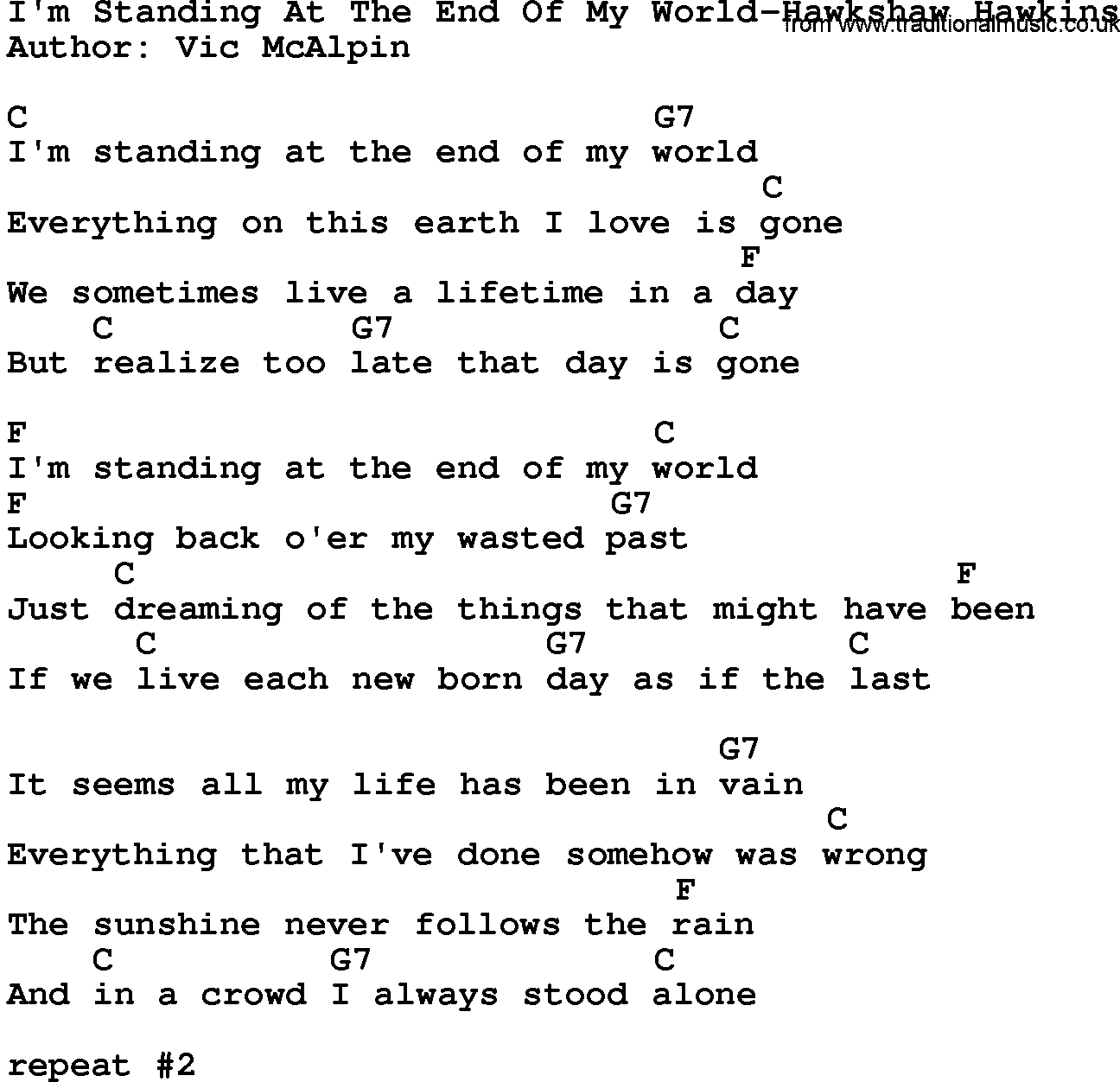 Country music song: I'm Standing At The End Of My World-Hawkshaw Hawkins lyrics and chords