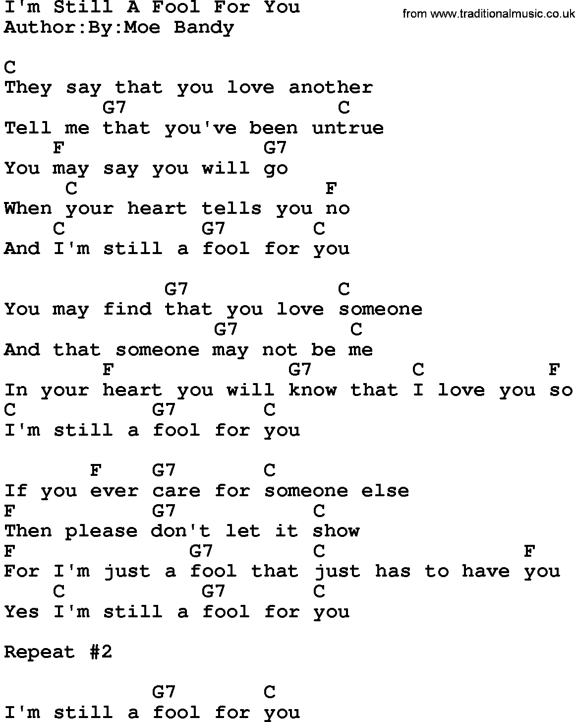 Country music song: I'm Still A Fool For You lyrics and chords