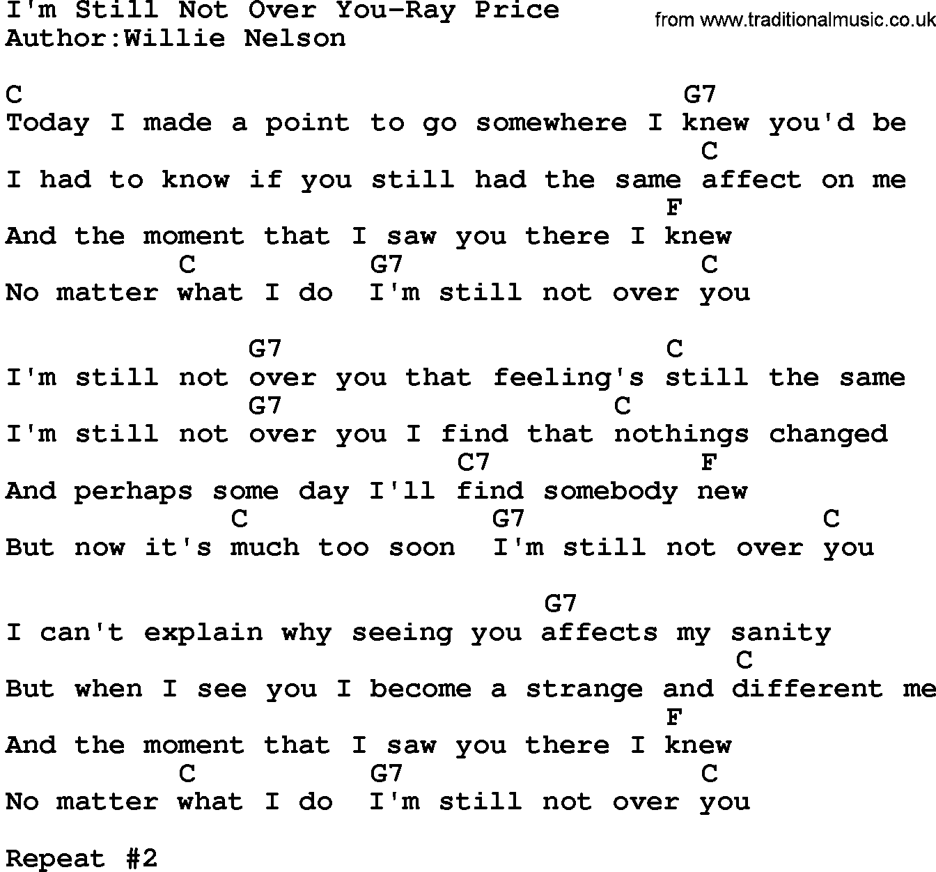 Country music song: I'm Still Not Over You-Ray Price lyrics and chords