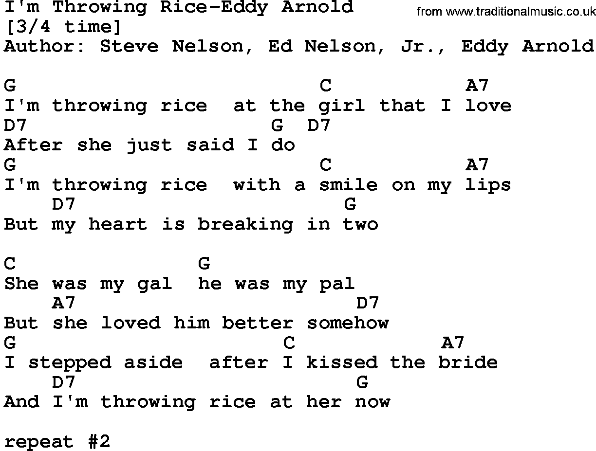 Country music song: I'm Throwing Rice-Eddy Arnold lyrics and chords