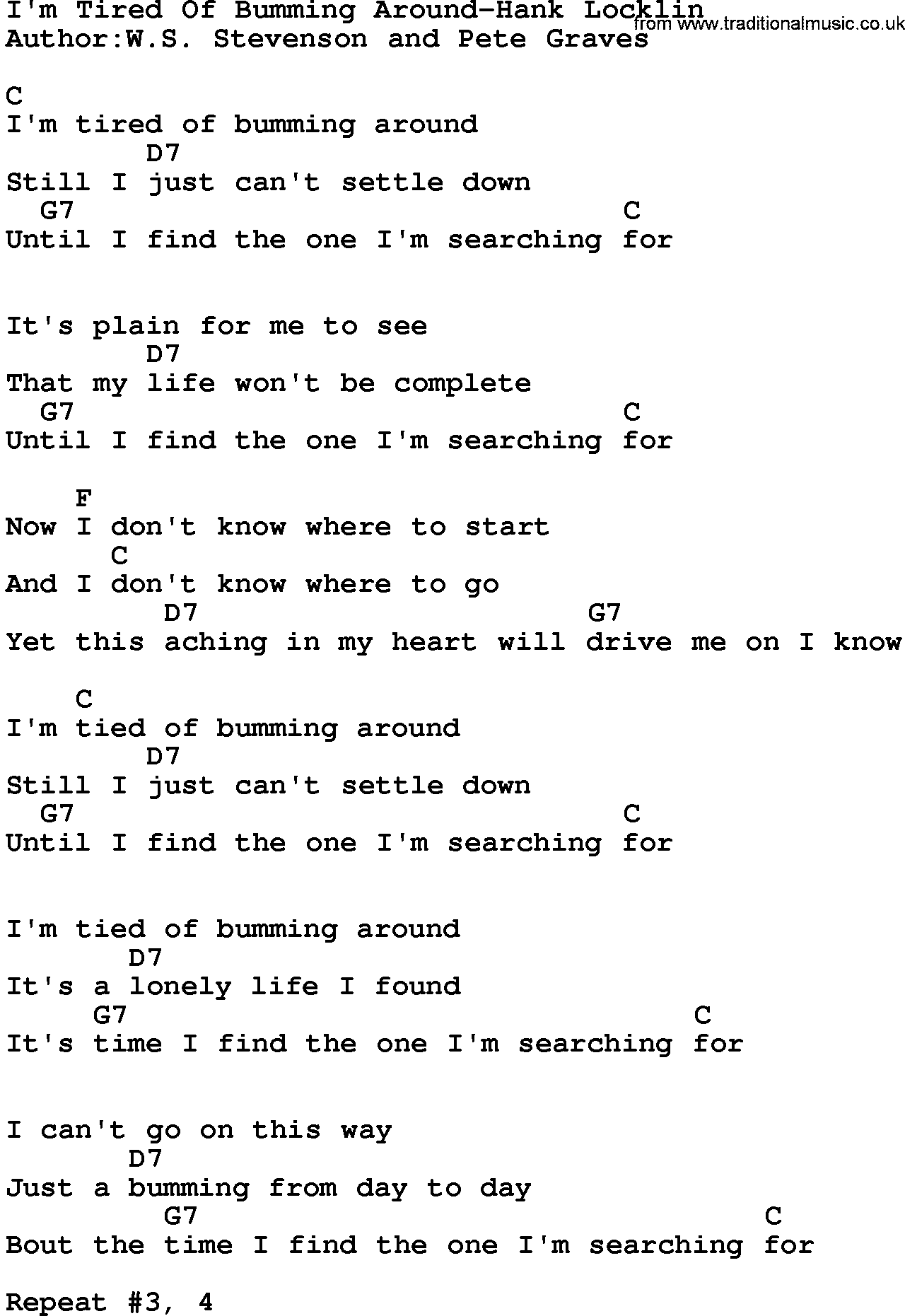 Country music song: I'm Tired Of Bumming Around-Hank Locklin lyrics and chords