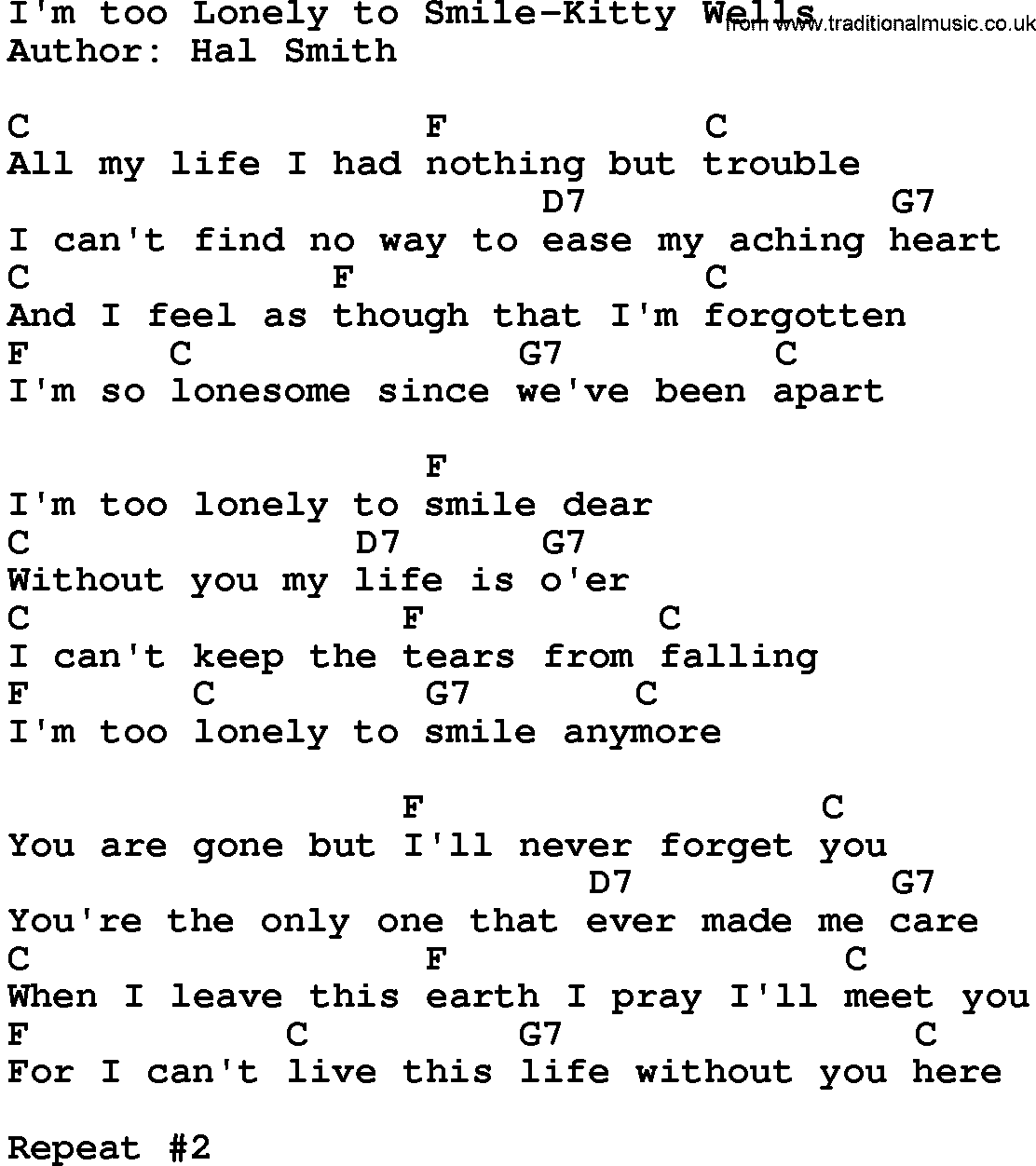 Country music song: I'm Too Lonely To Smile-Kitty Wells lyrics and chords
