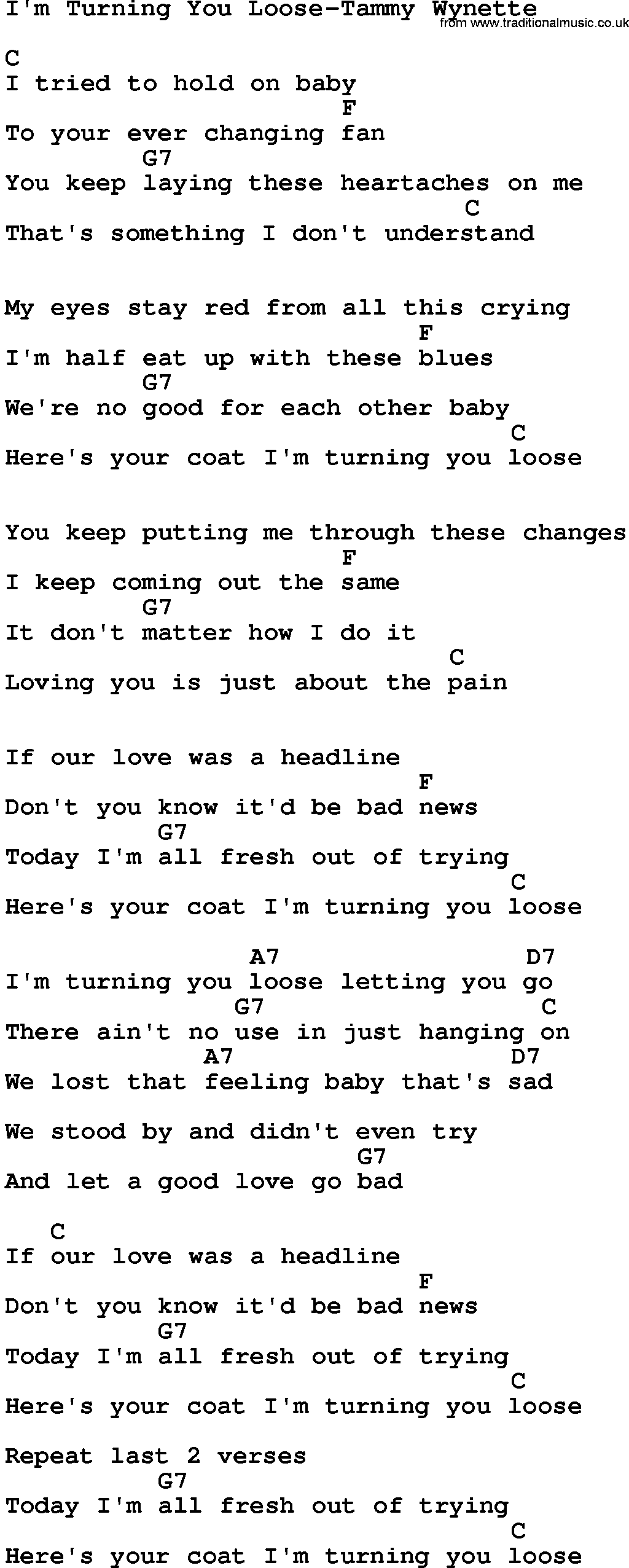 Country music song: I'm Turning You Loose-Tammy Wynette lyrics and chords
