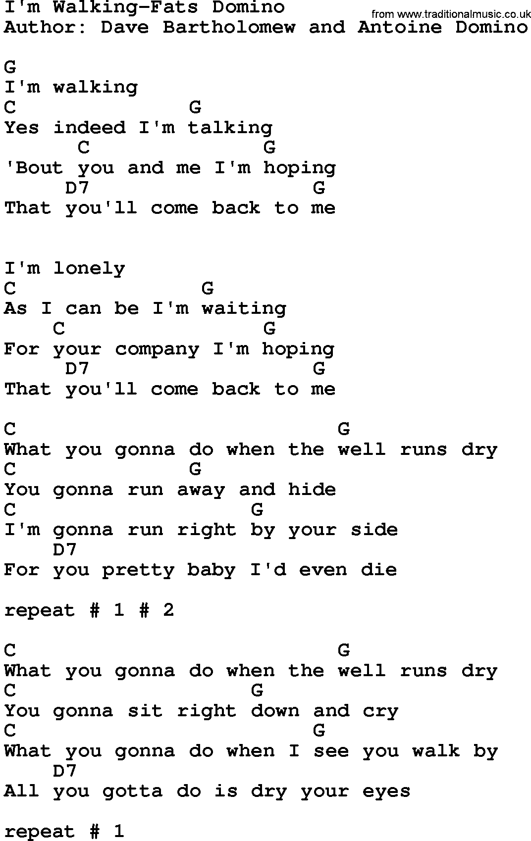 Country music song: I'm Walking-Fats Domino lyrics and chords