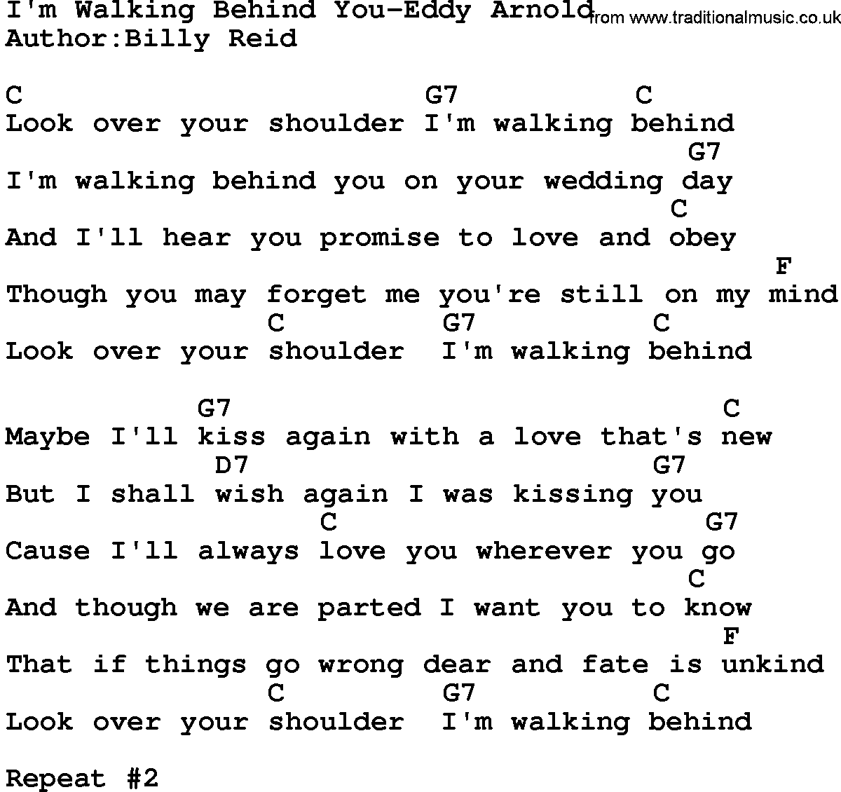 Country music song: I'm Walking Behind You-Eddy Arnold lyrics and chords
