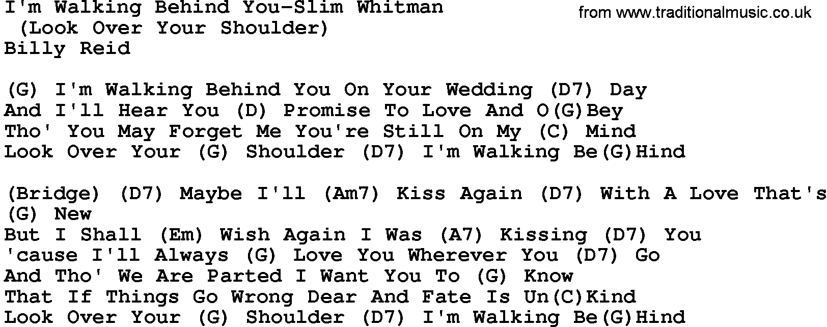Country music song: I'm Walking Behind You-Slim Whitman lyrics and chords
