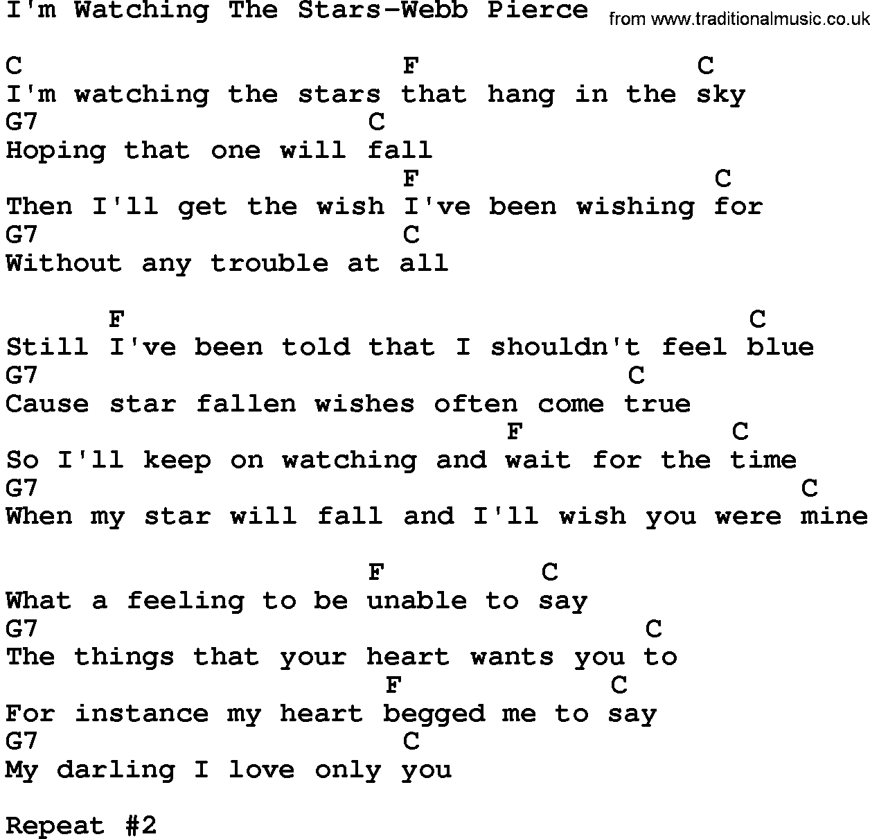 Country music song: I'm Watching The Stars-Webb Pierce lyrics and chords