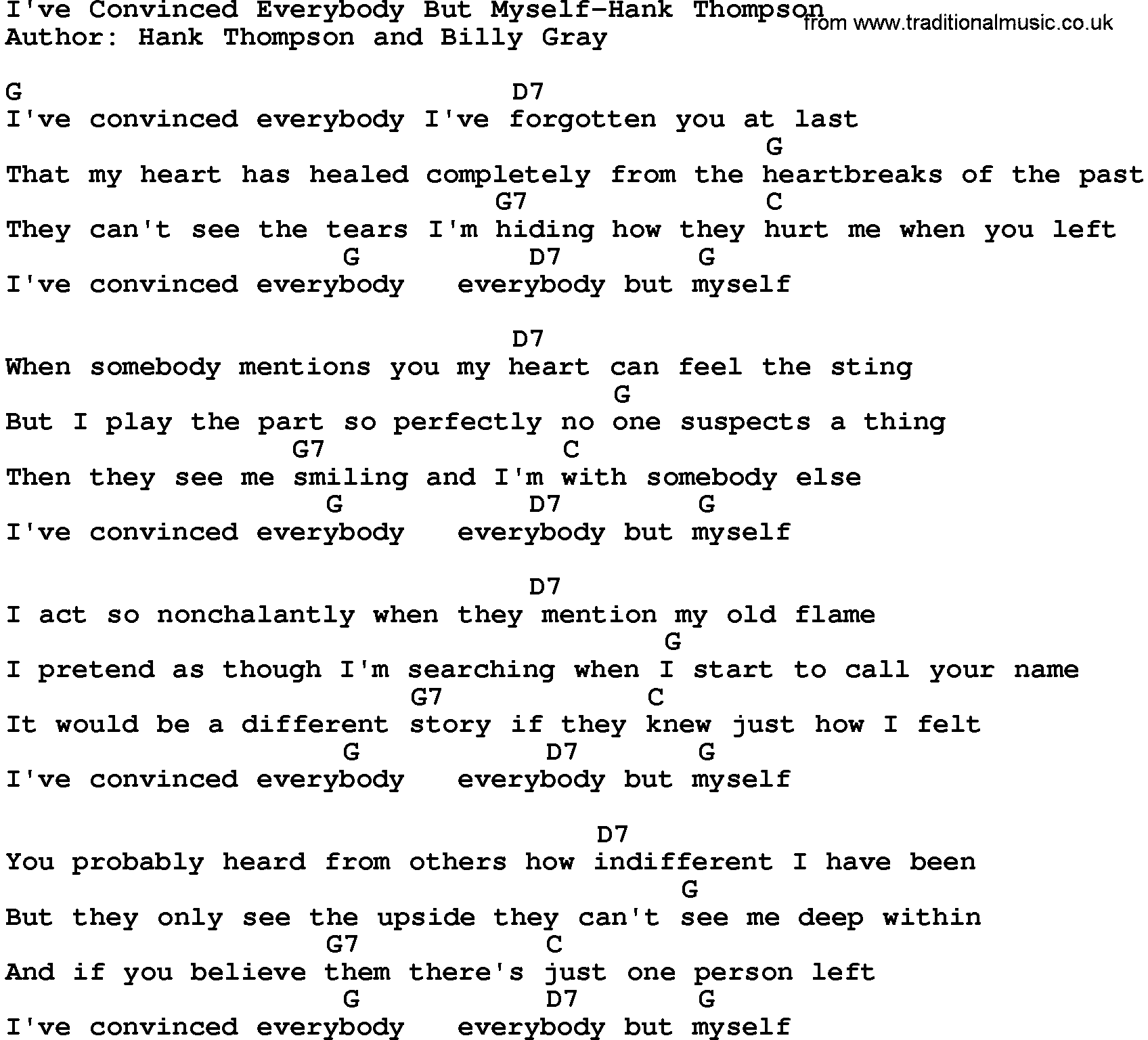 Country music song: I've Convinced Everybody But Myself-Hank Thompson lyrics and chords