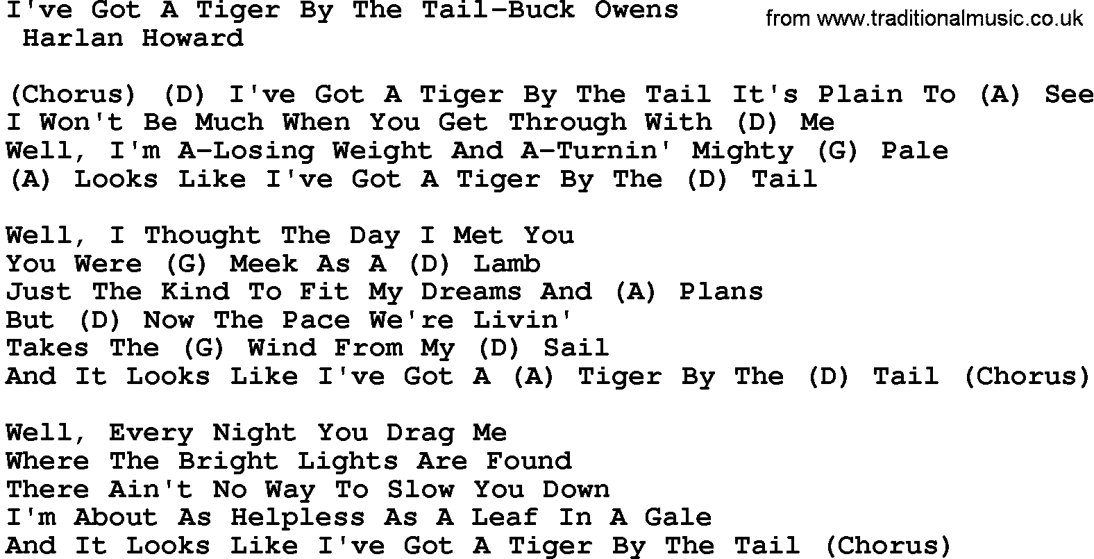 Country music song: I've Got A Tiger By The Tail-Buck Owens lyrics and chords