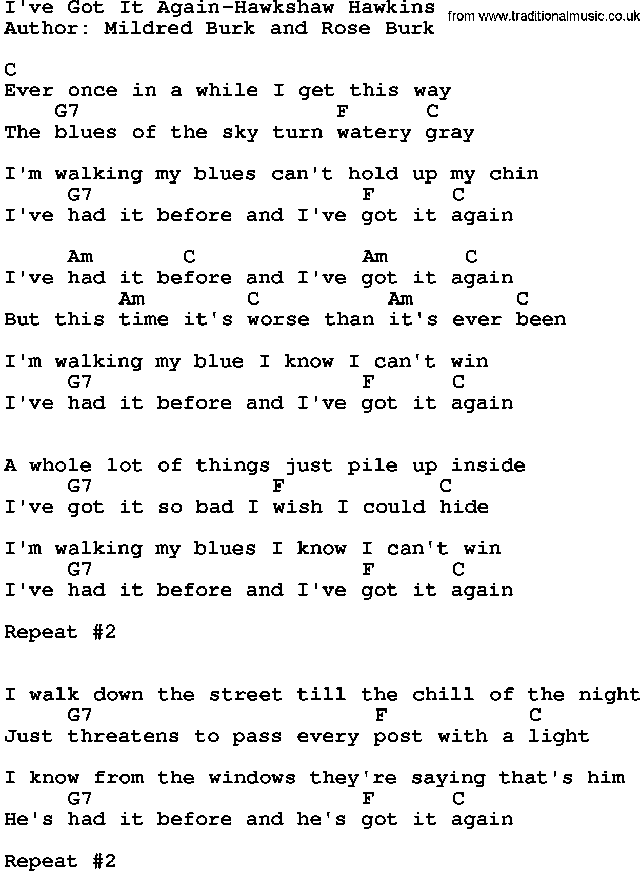 Country music song: I've Got It Again-Hawkshaw Hawkins lyrics and chords