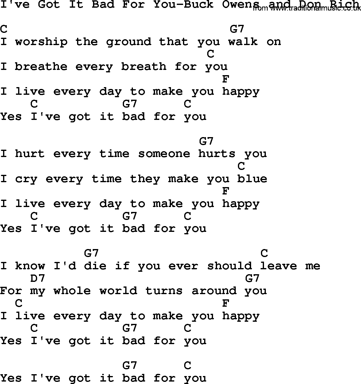 Country music song: I've Got It Bad For You-Buck Owens And Don Rich lyrics and chords
