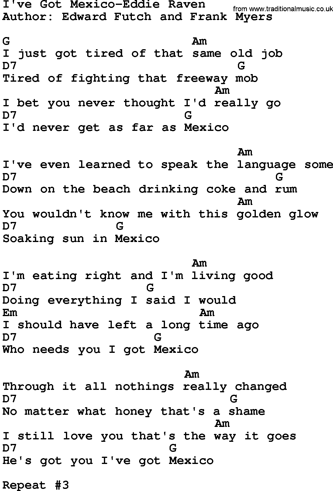 Country music song: I've Got Mexico-Eddie Raven lyrics and chords