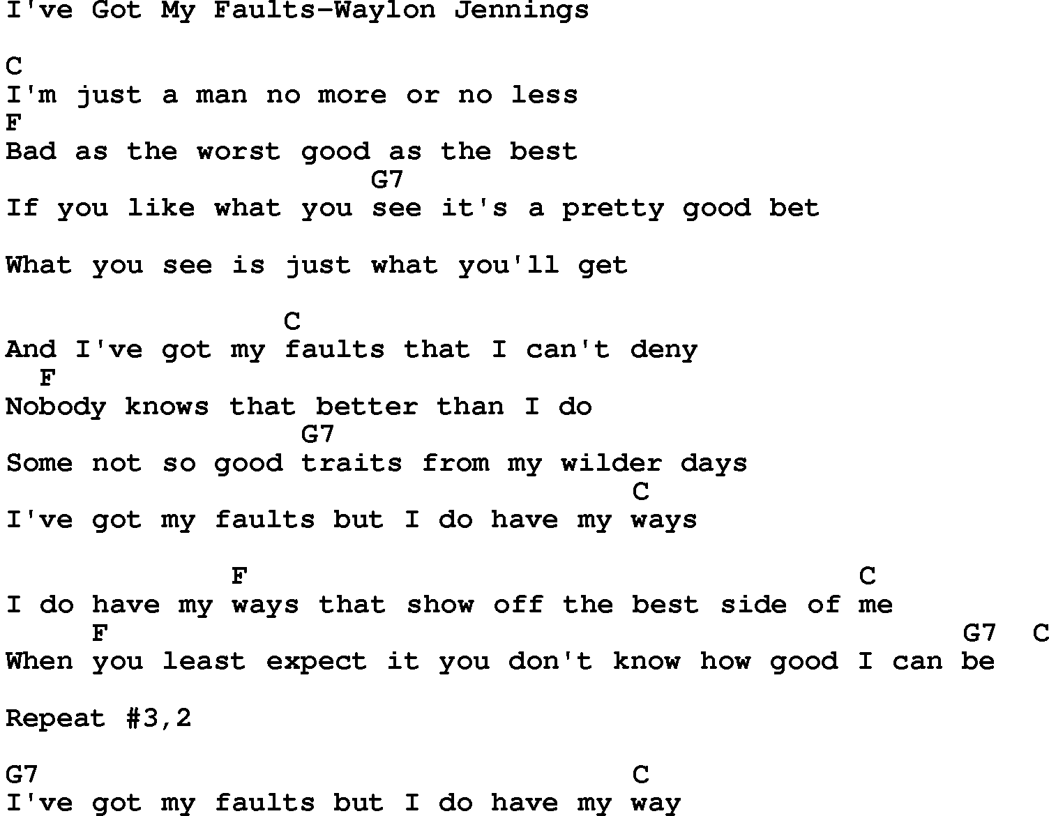Country music song: I've Got My Faults-Waylon Jennings lyrics and chords