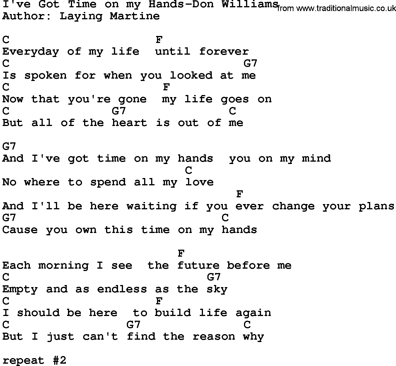 Country music song: I've Got Time On My Hands-Don Williams lyrics and chords