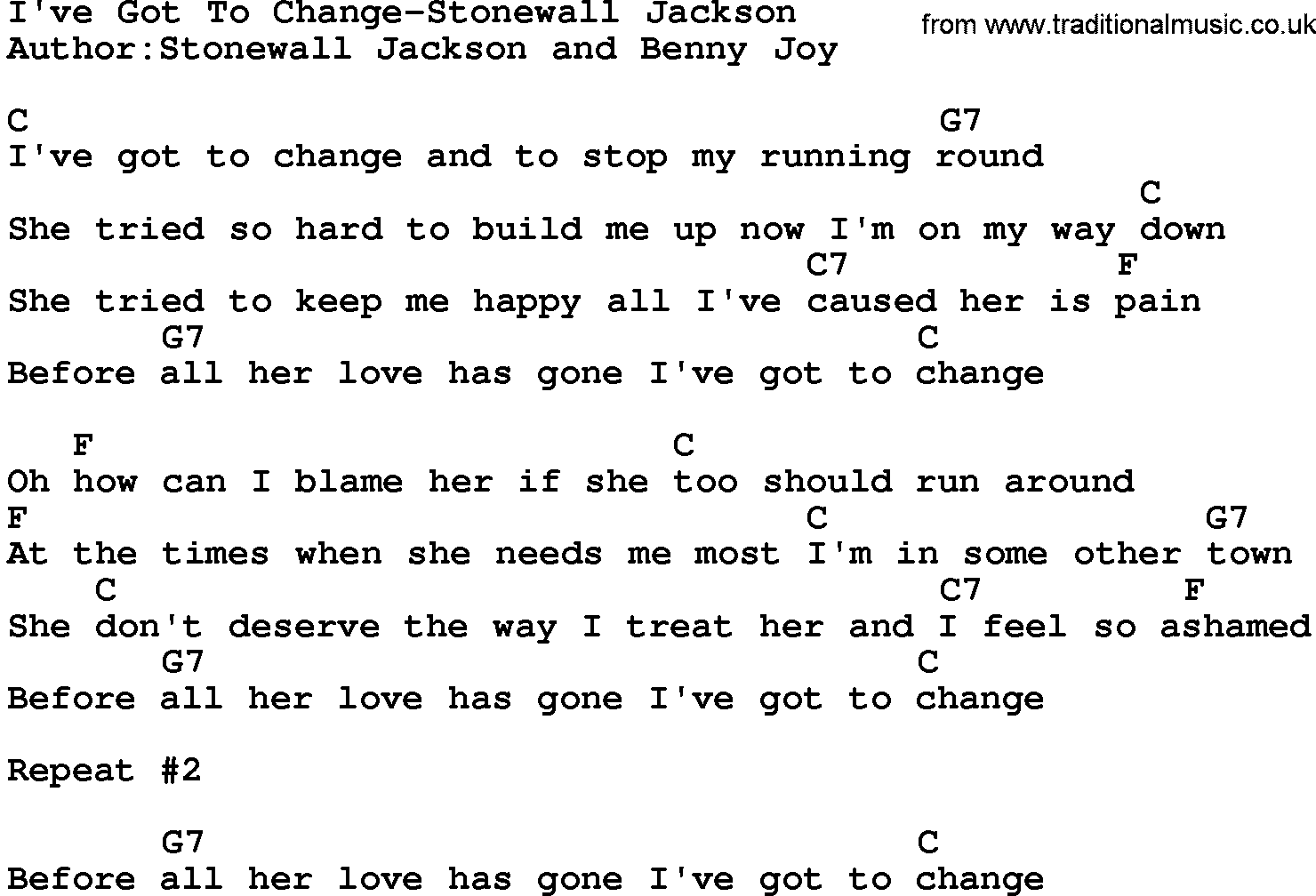 Country music song: I've Got To Change-Stonewall Jackson lyrics and chords