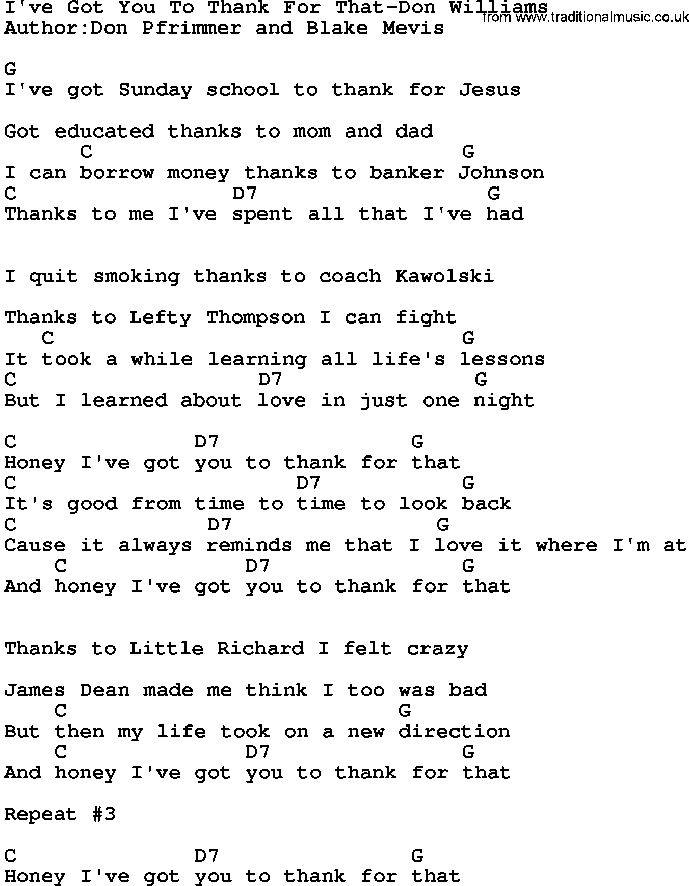 Country music song: I've Got You To Thank For That-Don Williams lyrics and chords