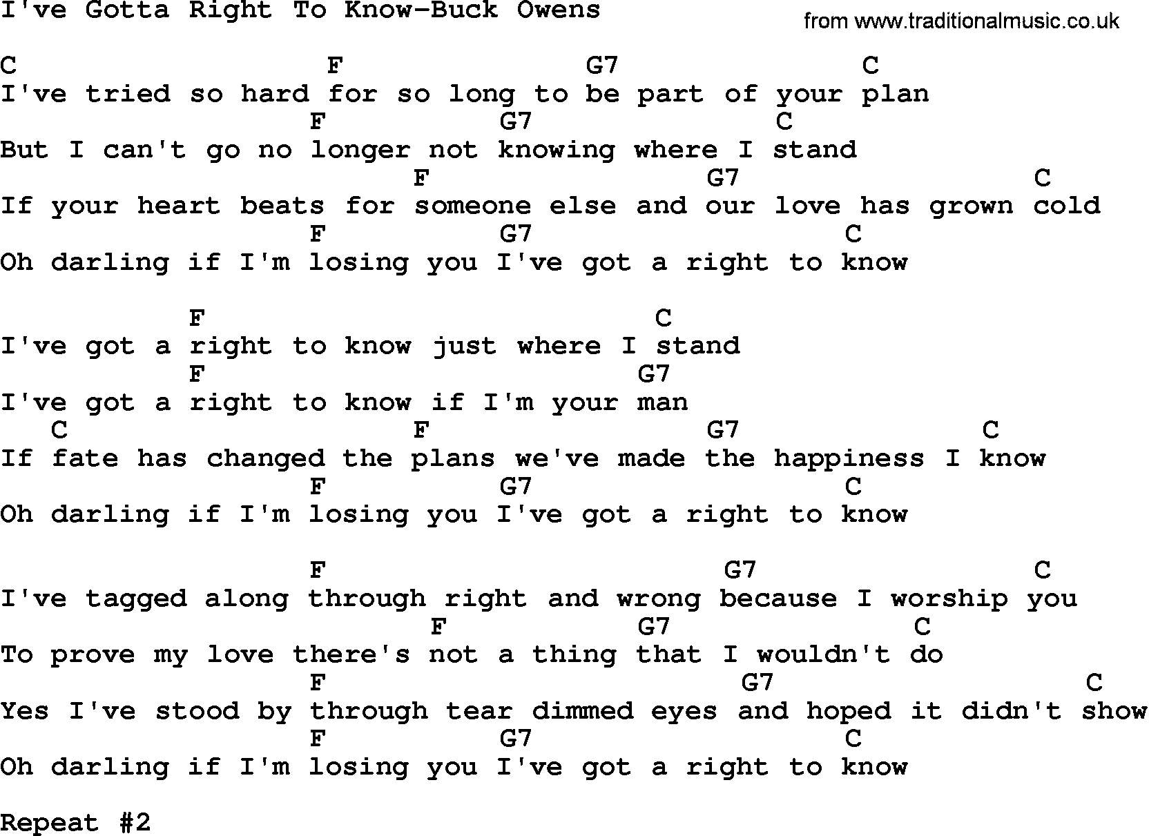 Country music song: I've Gotta Right To Know-Buck Owens lyrics and chords