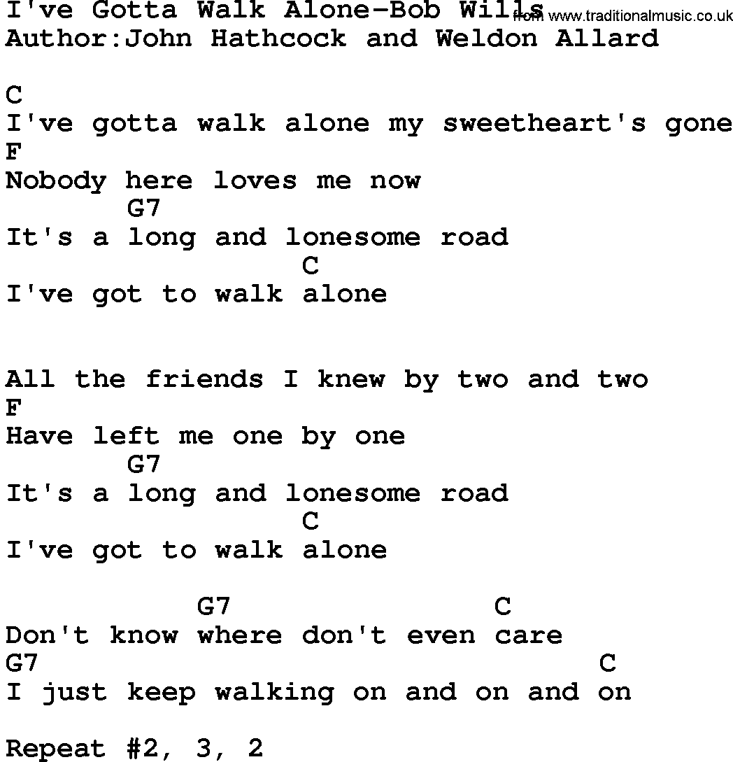 Country music song: I've Gotta Walk Alone-Bob Wills lyrics and chords